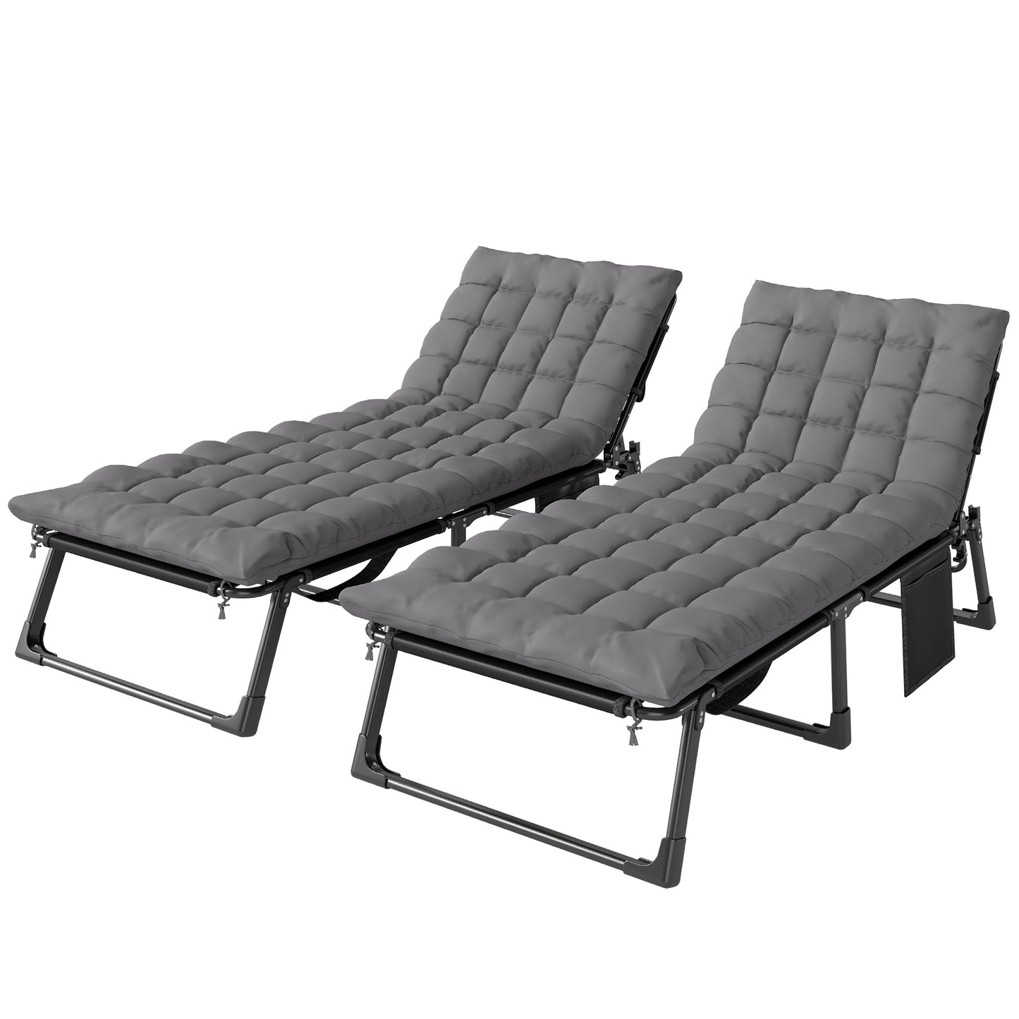 Lounge Chair Outdoor Set of 2, 75 cm Wide Folding Chaise Lounge Tanning Chair, 5-Position Beach Patio Lounger Camping Cot Bed with Cushion, Side Pocket, Dark Grey
