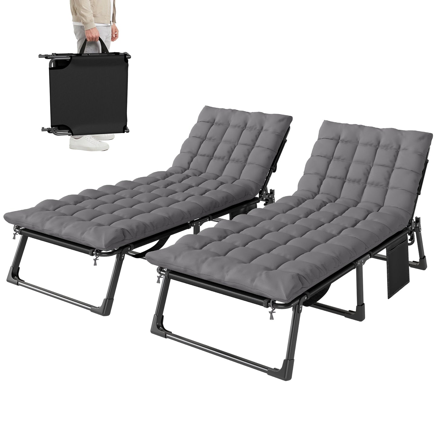 Lounge Chair Outdoor Set of 2, 75 cm Wide Folding Chaise Lounge Tanning Chair, 5-Position Beach Patio Lounger Camping Cot Bed with Cushion, Side Pocket, Dark Grey