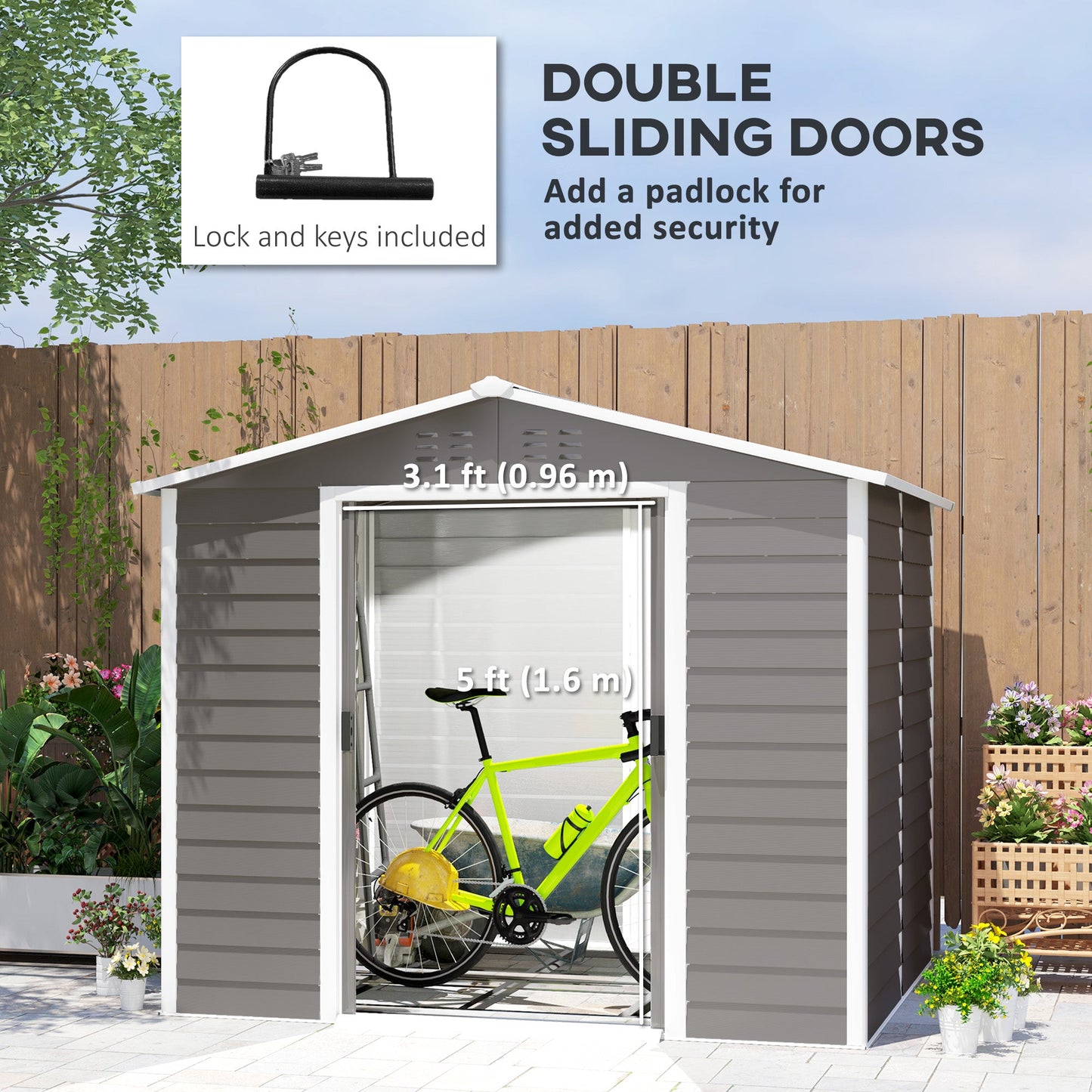 8' x 7' Outdoor Storage Shed, Easy to Assemble, Upgraded Galvanized Metal Garden Shed with Lockable Doors, Floor Frame and Gloves for Backyard, Lawn, Patio, Light Grey