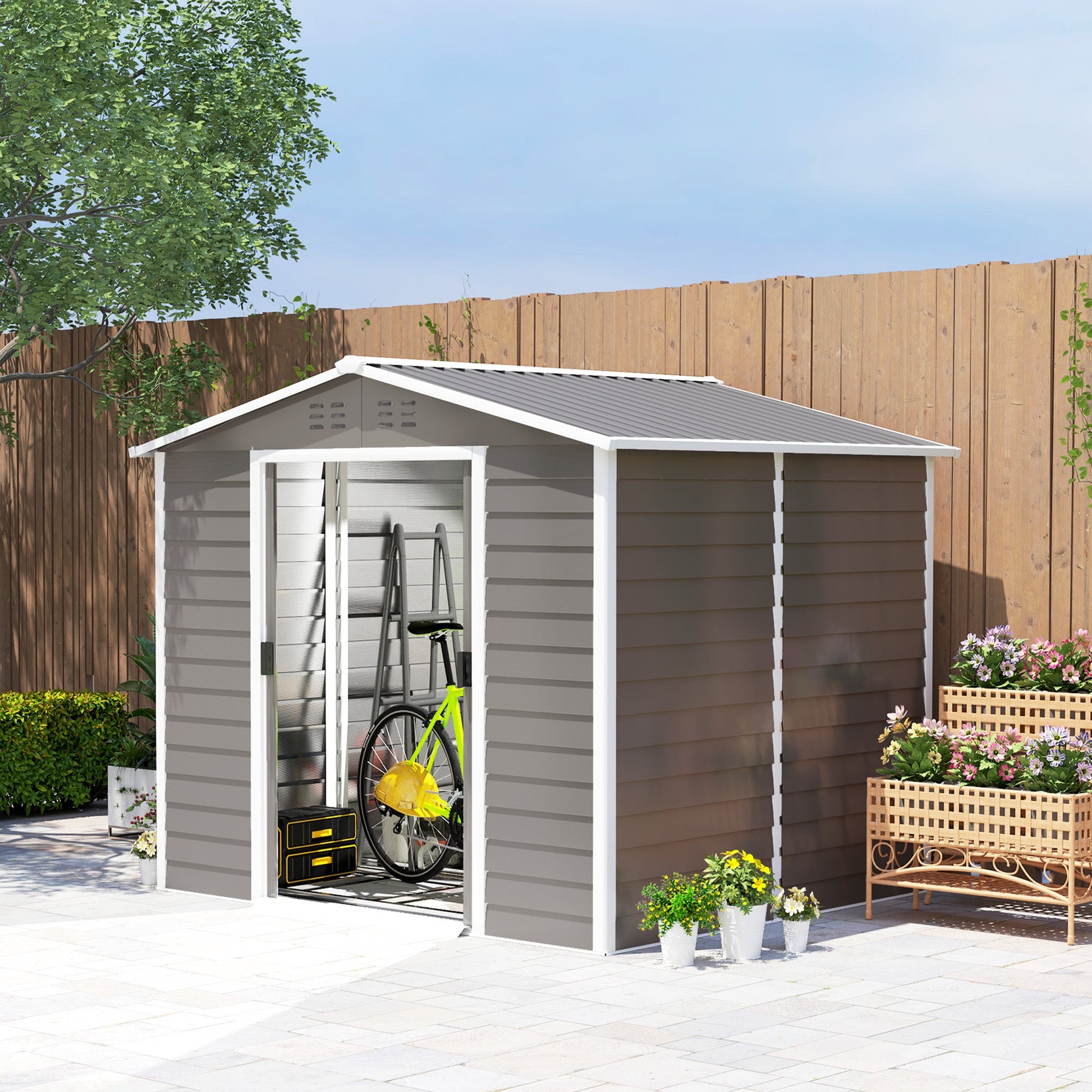 8' x 7' Outdoor Storage Shed, Easy to Assemble, Upgraded Galvanized Metal Garden Shed with Lockable Doors, Floor Frame and Gloves for Backyard, Lawn, Patio, Light Grey