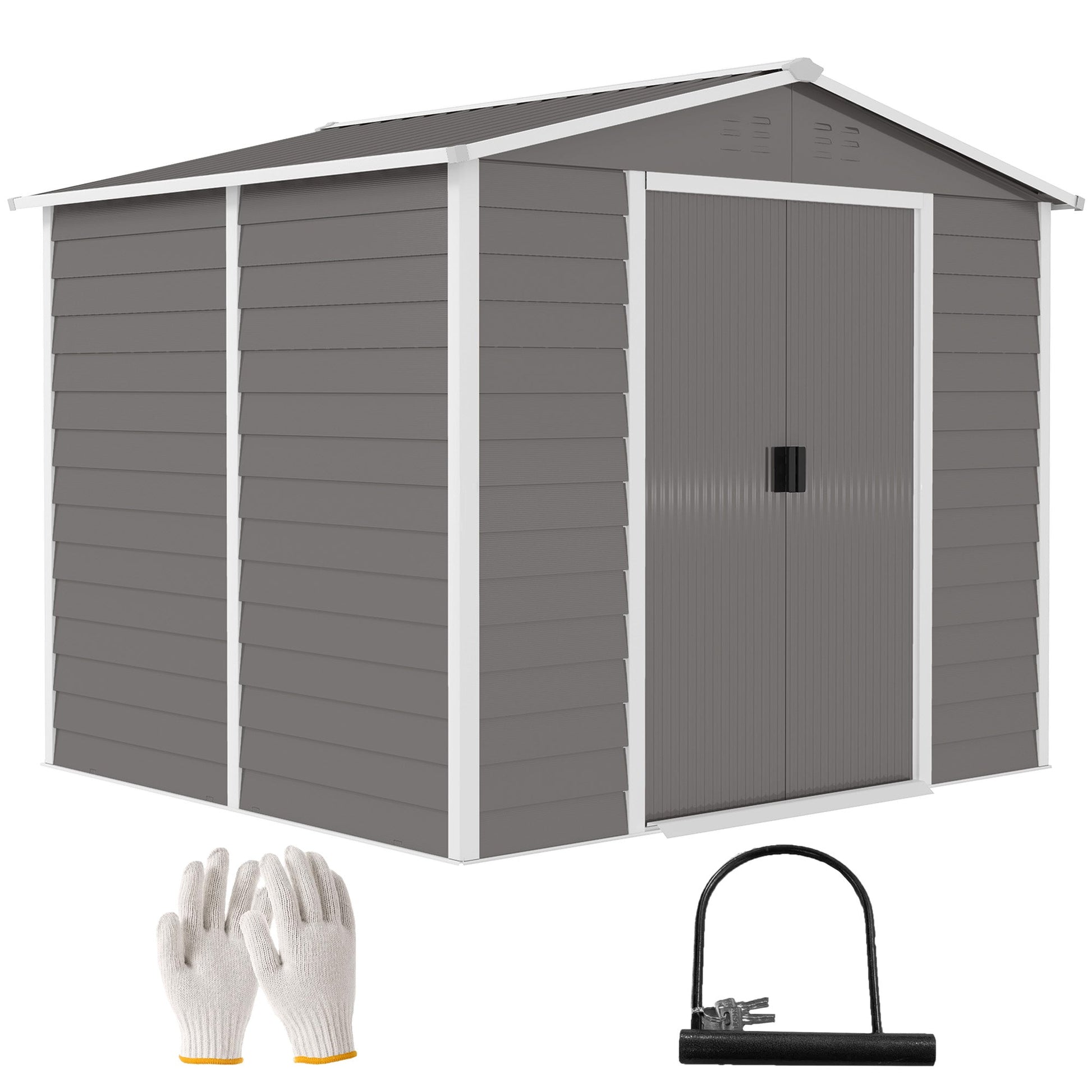8' x 7' Outdoor Storage Shed, Easy to Assemble, Upgraded Galvanized Metal Garden Shed with Lockable Doors, Floor Frame and Gloves for Backyard, Lawn, Patio, Light Grey