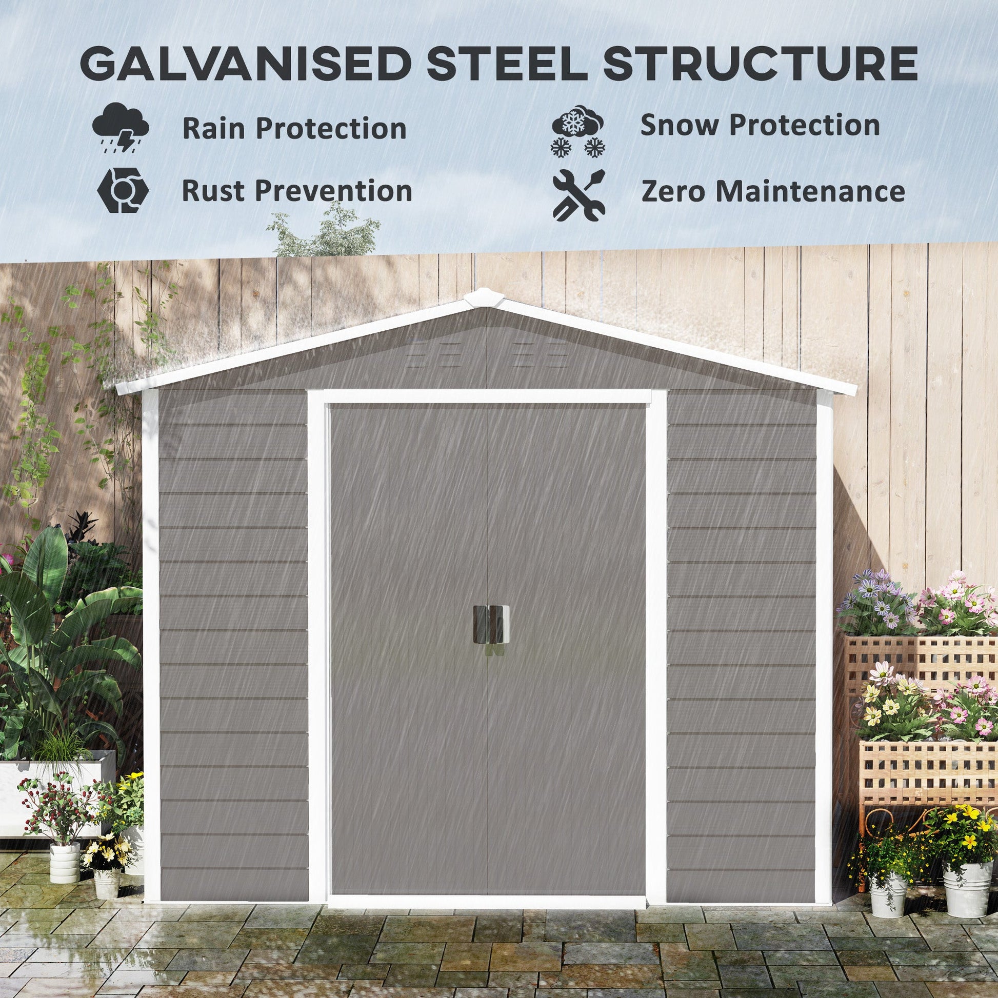 8' x 7' Outdoor Storage Shed, Easy to Assemble, Upgraded Galvanized Metal Garden Shed with Lockable Doors, Floor Frame and Gloves for Backyard, Lawn, Patio, Light Grey