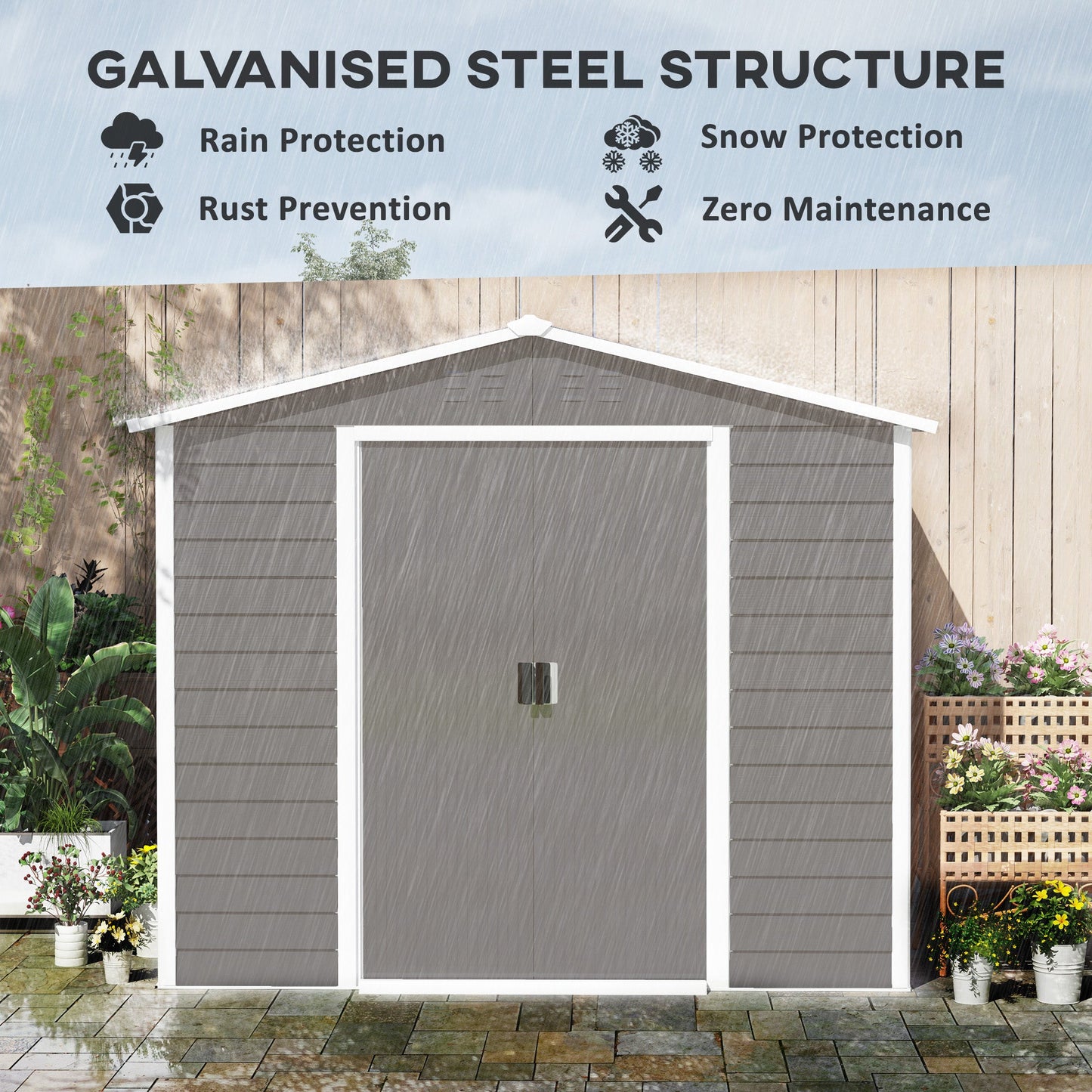 8' x 7' Outdoor Storage Shed, Easy to Assemble, Upgraded Galvanized Metal Garden Shed with Lockable Doors, Floor Frame and Gloves for Backyard, Lawn, Patio, Light Grey