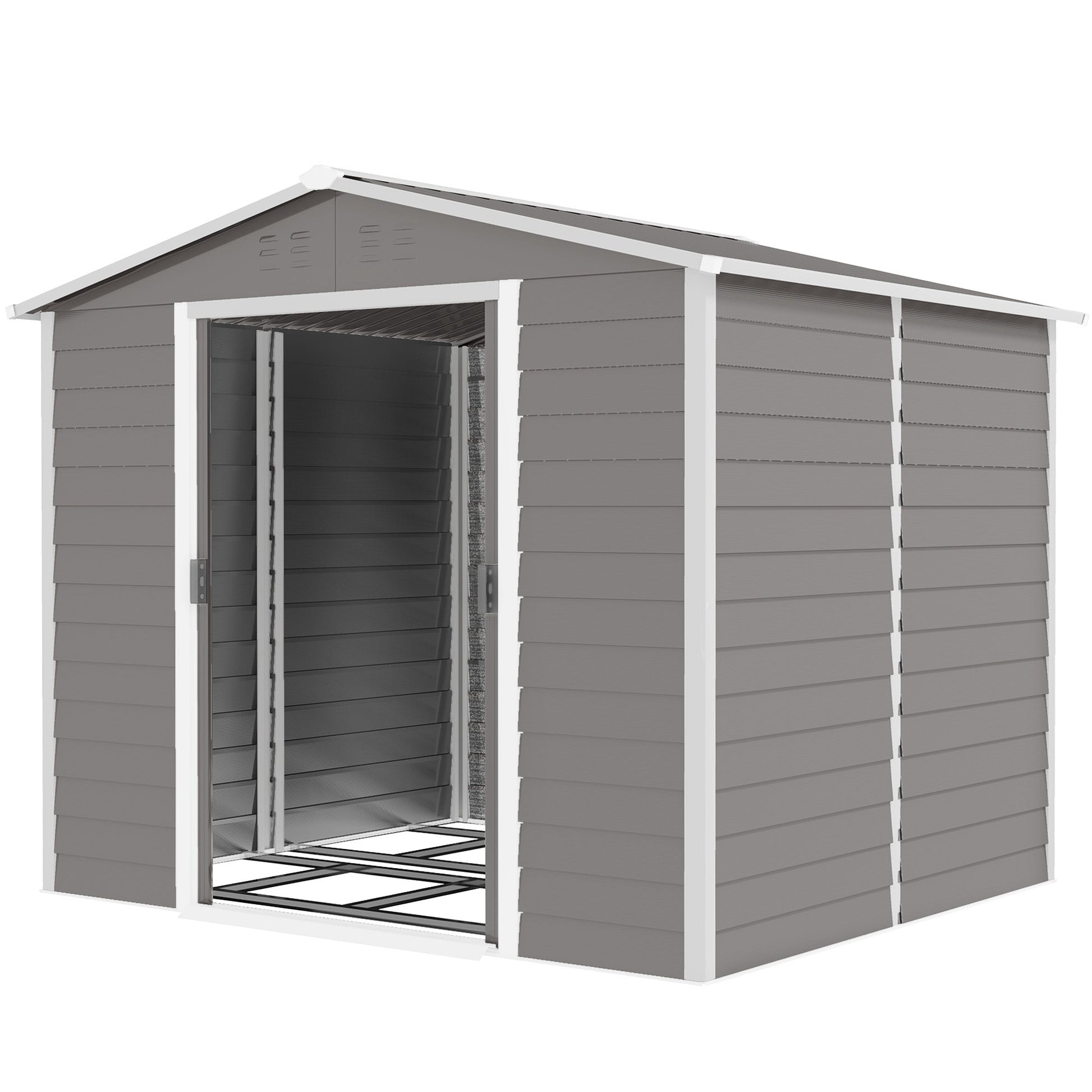 8' x 7' Outdoor Storage Shed, Easy to Assemble, Upgraded Galvanized Metal Garden Shed with Lockable Doors, Floor Frame and Gloves for Backyard, Lawn, Patio, Light Grey