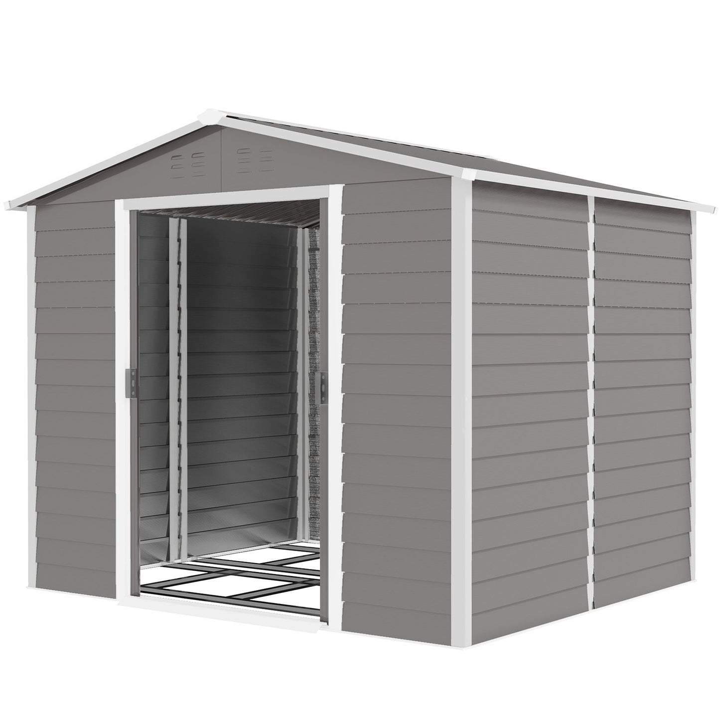 8' x 7' Outdoor Storage Shed, Easy to Assemble, Upgraded Galvanized Metal Garden Shed with Lockable Doors, Floor Frame and Gloves for Backyard, Lawn, Patio, Light Grey