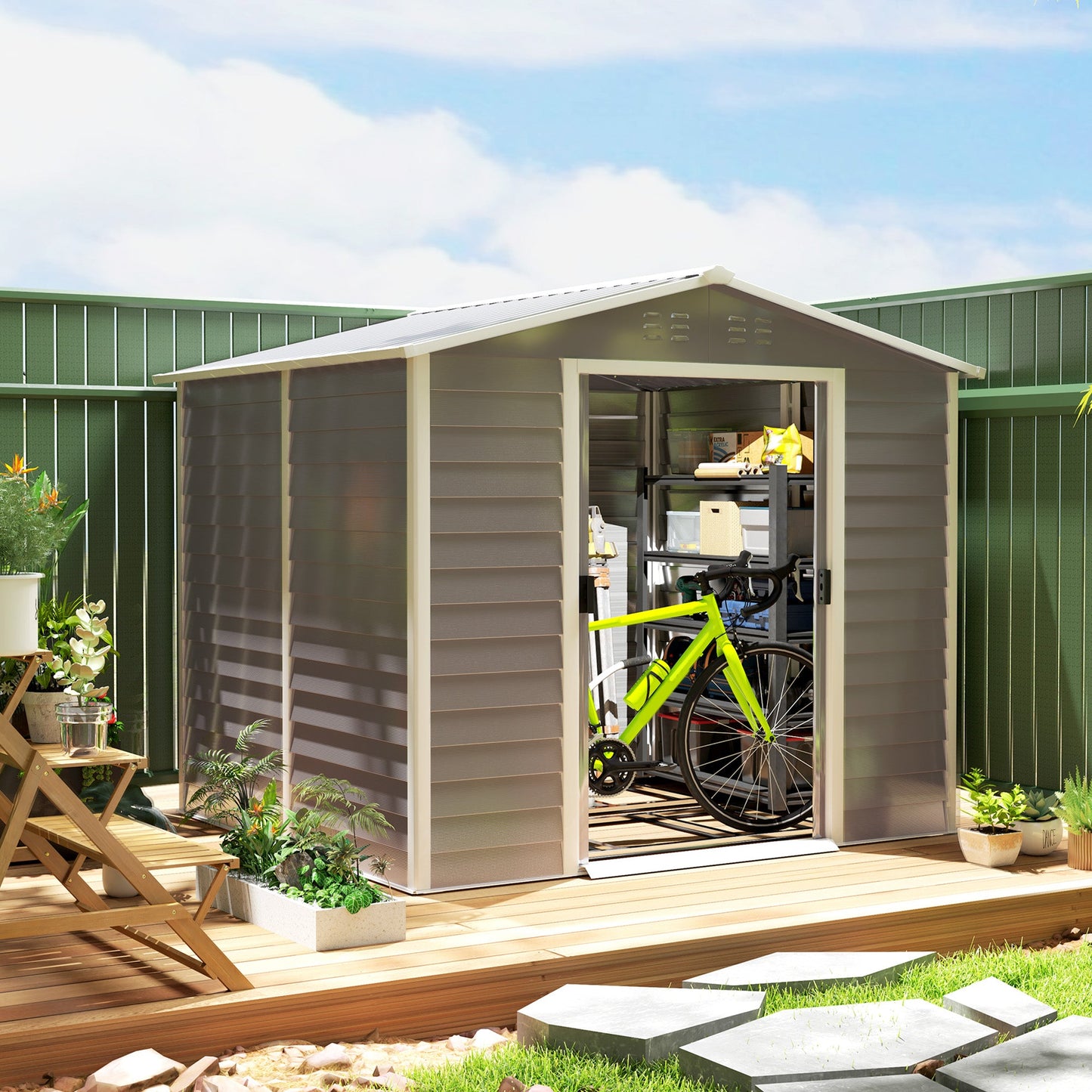 8' x 7' Outdoor Storage Shed, Easy to Assemble, Upgraded Galvanized Metal Garden Shed with Lockable Doors, Floor Frame and Gloves for Backyard, Lawn, Patio, Light Grey