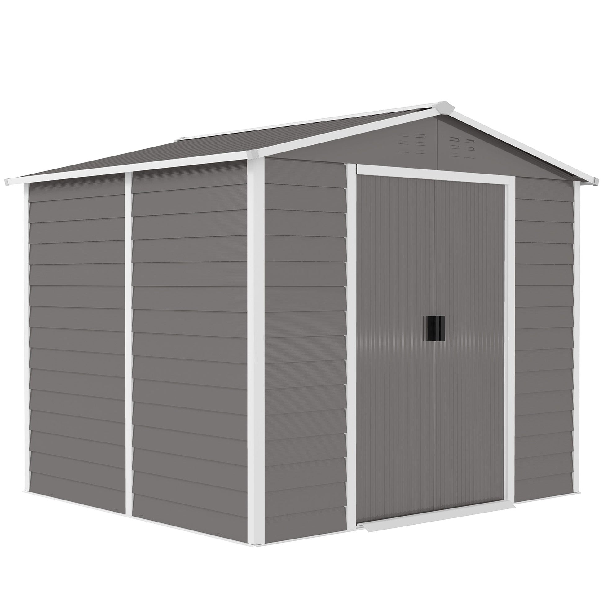 8' x 7' Outdoor Storage Shed, Easy to Assemble, Upgraded Galvanized Metal Garden Shed with Lockable Doors, Floor Frame and Gloves for Backyard, Lawn, Patio, Light Grey