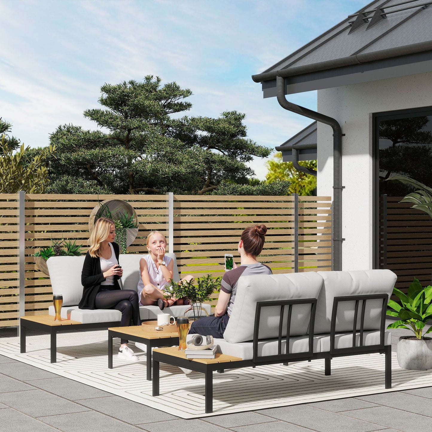 4 Piece L Shaped Garden Furniture Set, 4 Seater Outdoor Corner Garden Set, 2 Loveseats with Removable Backs, 2 Wood-Plastic Coffee Tables and Thick Cushions, Teak