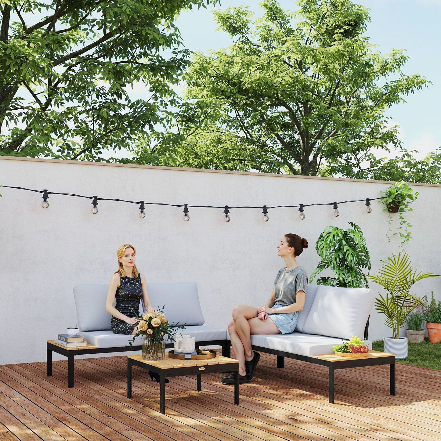 4 Piece L Shaped Garden Furniture Set, 4 Seater Outdoor Corner Garden Set, 2 Loveseats with Removable Backs, 2 Wood-Plastic Coffee Tables and Thick Cushions, Teak
