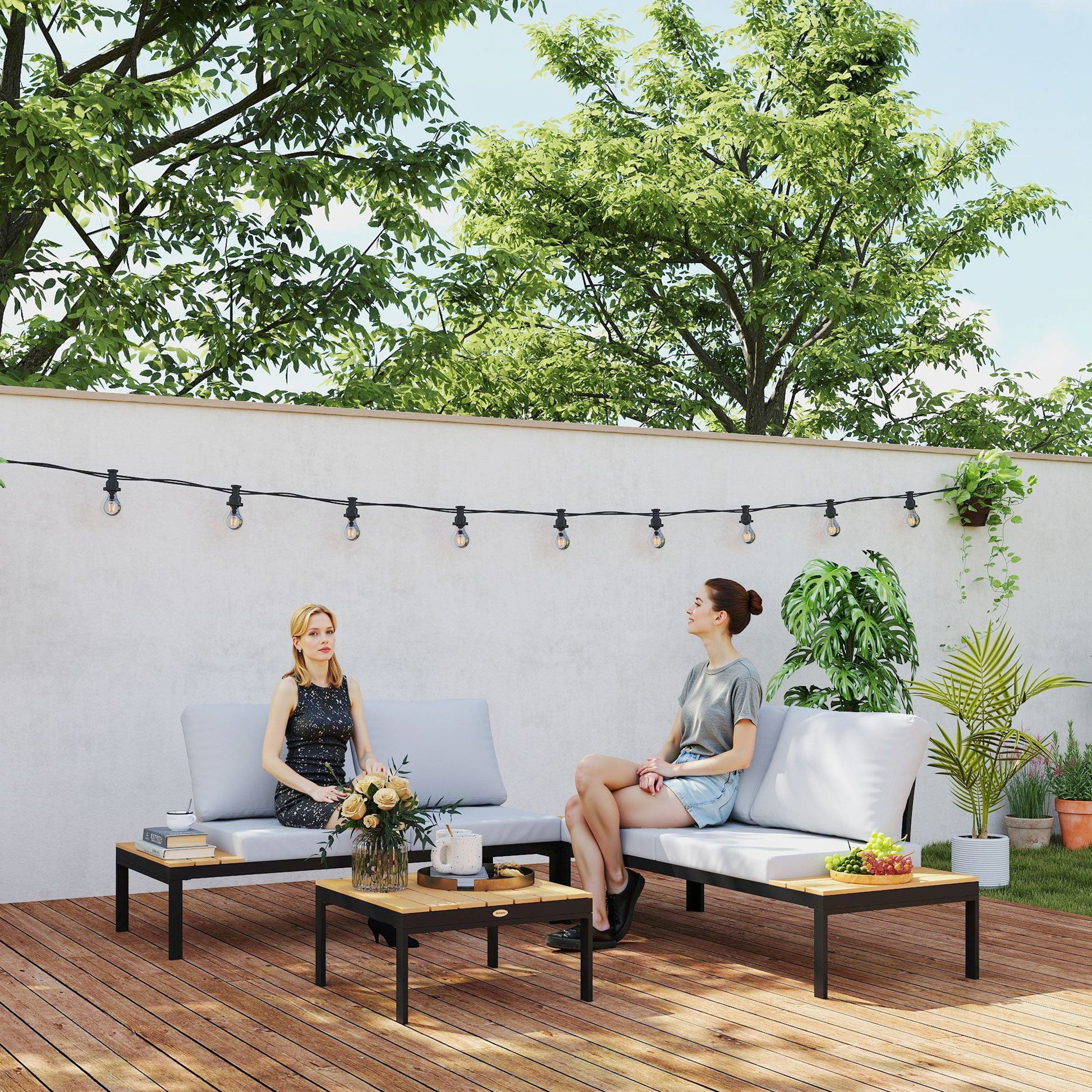 4 Piece L Shaped Garden Furniture Set, 4 Seater Outdoor Corner Garden Set, 2 Loveseats with Removable Backs, 2 Wood-Plastic Coffee Tables and Thick Cushions, Teak