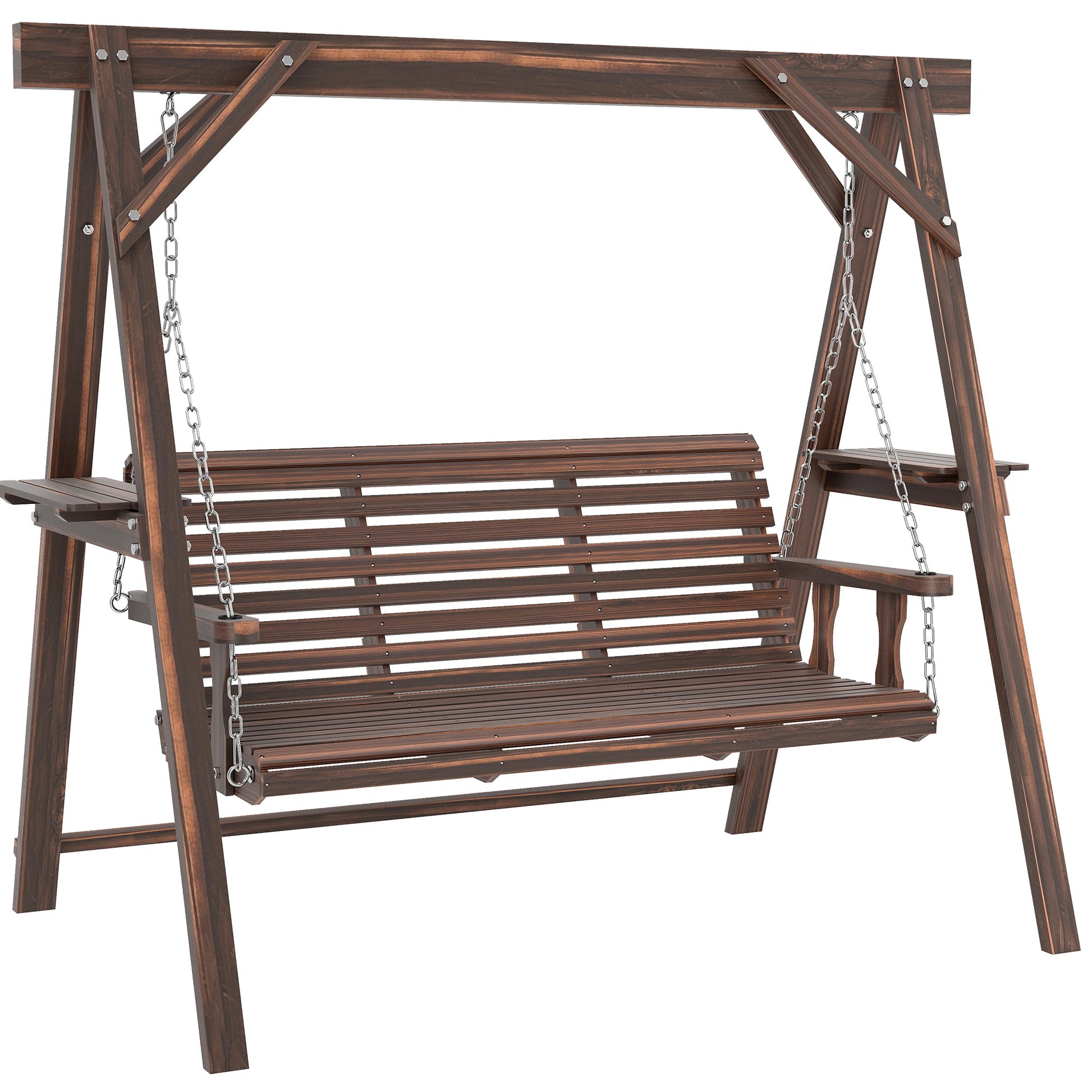 3 Seat Porch Swing with Stand, Wooden Patio Swing Chair with Side Tables and Metal Chains, Outdoor Swing Bench for Garden, Poolside, Backyard, Carbonized Brown