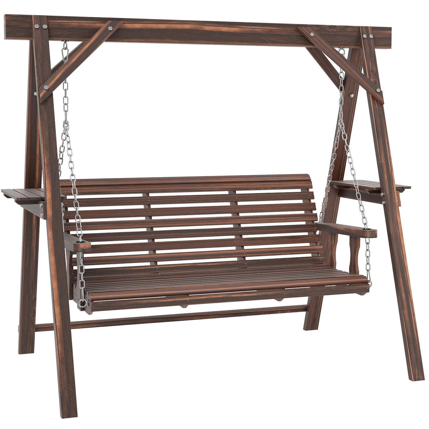 3 Seat Porch Swing with Stand, Wooden Patio Swing Chair with Side Tables and Metal Chains, Outdoor Swing Bench for Garden, Poolside, Backyard, Carbonized Brown