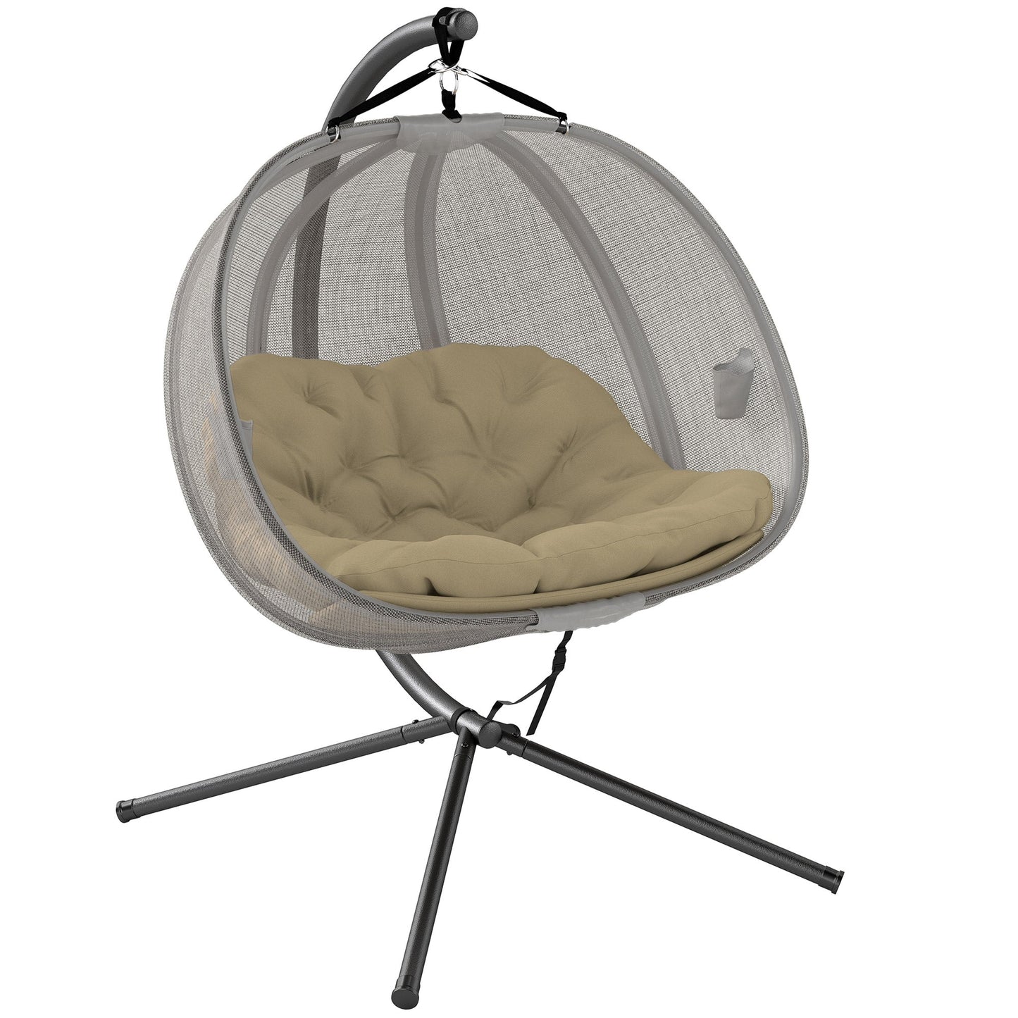 Double Egg Chair with Stand, 2 Person Hanging Swing Egg Chair Outdoor Indoor, 528 LBS Capacity Loveseat Hammock Swing with Cushion, Pockets, Khaki