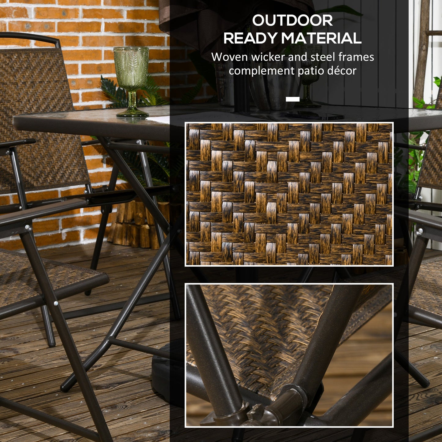 5 Pieces Outdoor Dining Set, Folding Rattan Patio Table and Chairs for 4 with Umbrella Hole, Tempered Glass Top, Dark Brown