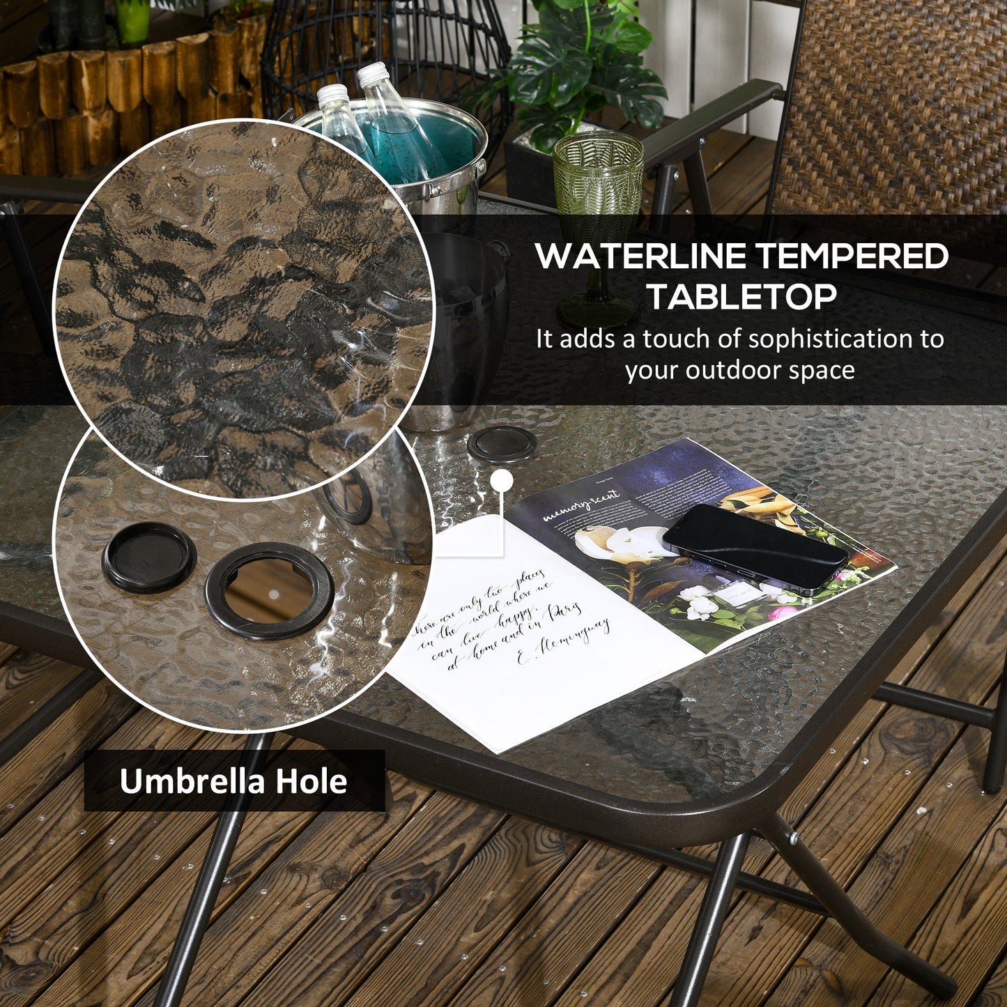 5 Pieces Outdoor Dining Set, Folding Rattan Patio Table and Chairs for 4 with Umbrella Hole, Tempered Glass Top, Dark Brown