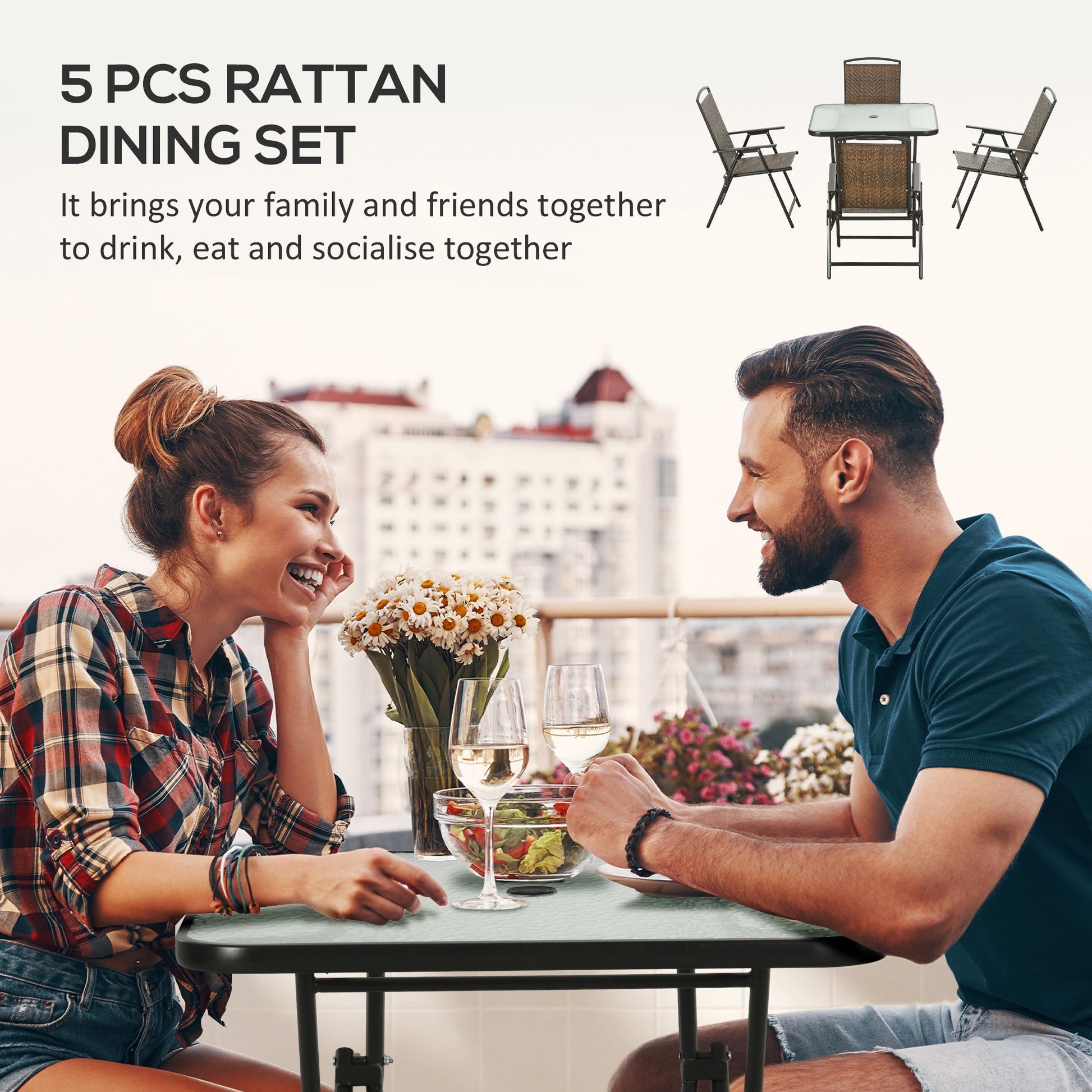 5 Pieces Outdoor Dining Set, Folding Rattan Patio Table and Chairs for 4 with Umbrella Hole, Tempered Glass Top, Dark Brown
