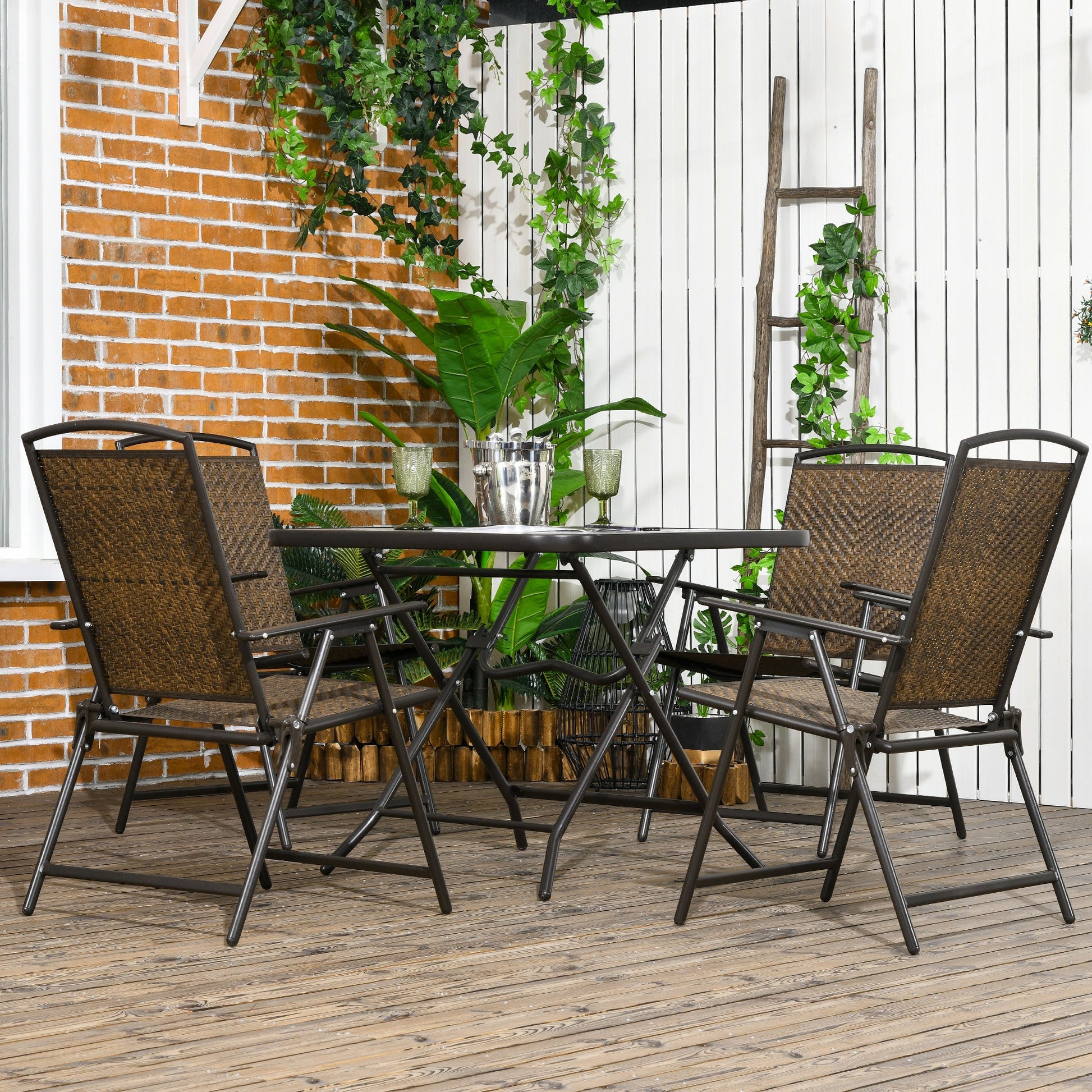 5 Pieces Outdoor Dining Set, Folding Rattan Patio Table and Chairs for 4 with Umbrella Hole, Tempered Glass Top, Dark Brown