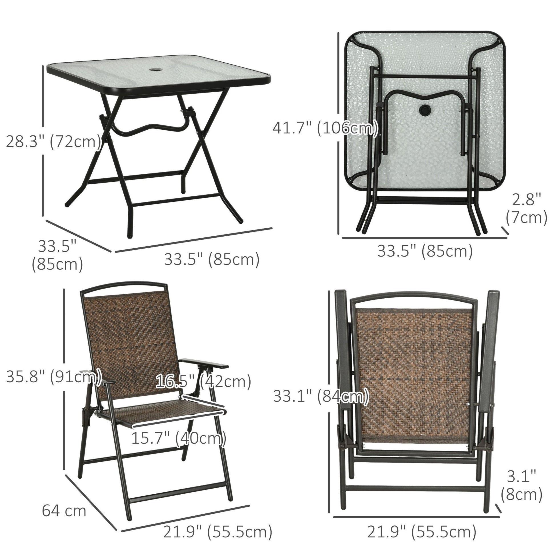 5 Pieces Outdoor Dining Set, Folding Rattan Patio Table and Chairs for 4 with Umbrella Hole, Tempered Glass Top, Dark Brown