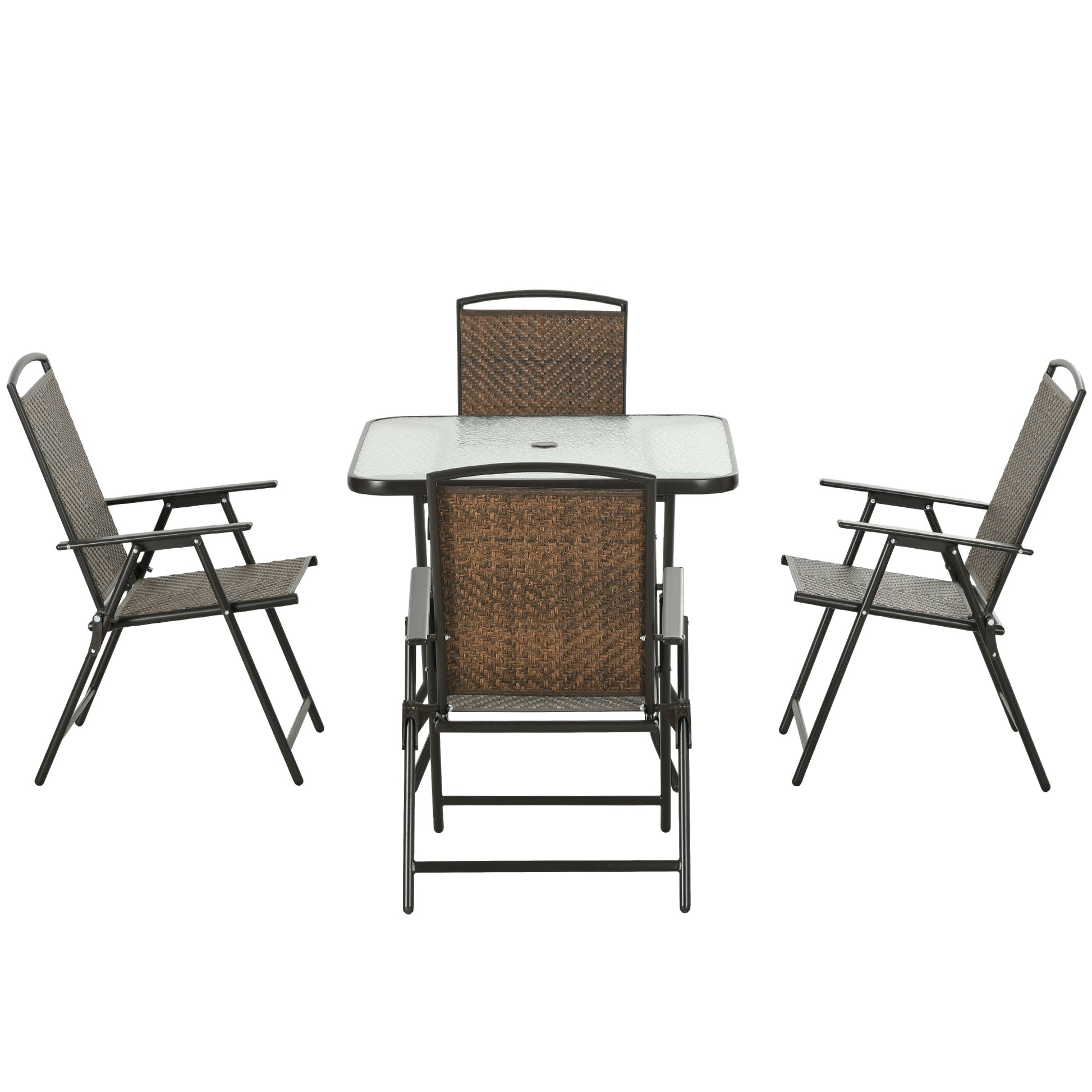 5 Pieces Outdoor Dining Set, Folding Rattan Patio Table and Chairs for 4 with Umbrella Hole, Tempered Glass Top, Dark Brown