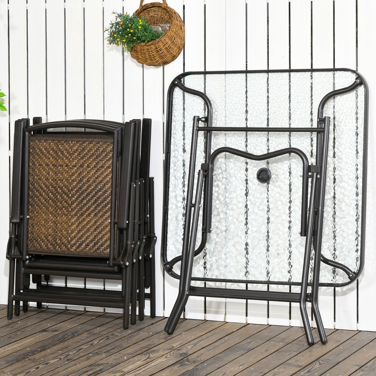 5 Pieces Outdoor Dining Set, Folding Rattan Patio Table and Chairs for 4 with Umbrella Hole, Tempered Glass Top, Dark Brown