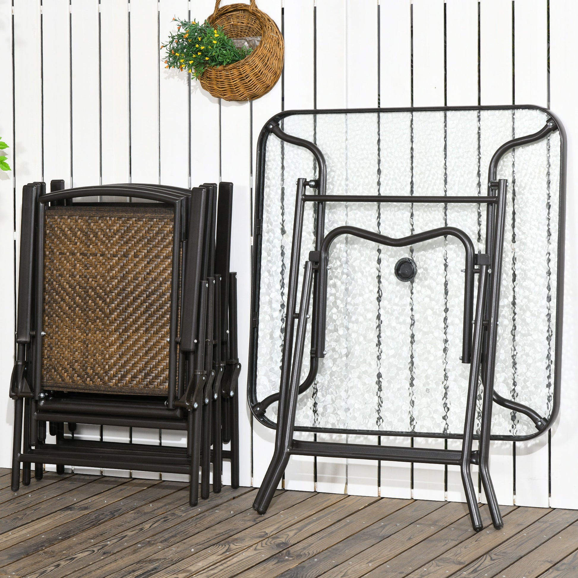 5 Pieces Outdoor Dining Set, Folding Rattan Patio Table and Chairs for 4 with Umbrella Hole, Tempered Glass Top, Dark Brown