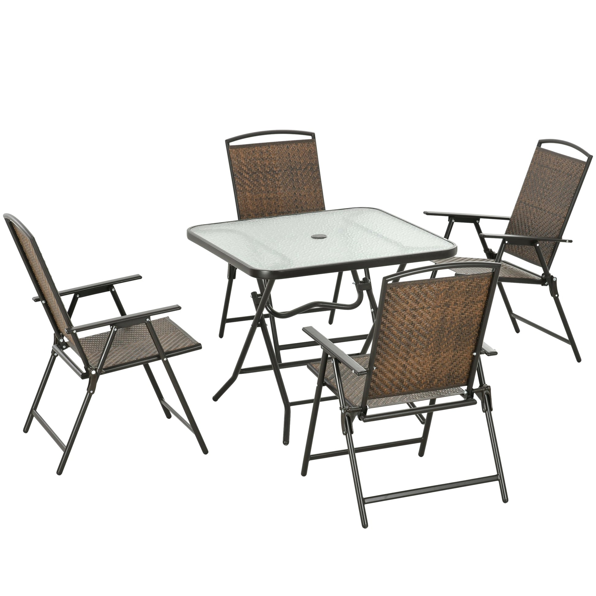 5 Pieces Outdoor Dining Set, Folding Rattan Patio Table and Chairs for 4 with Umbrella Hole, Tempered Glass Top, Dark Brown