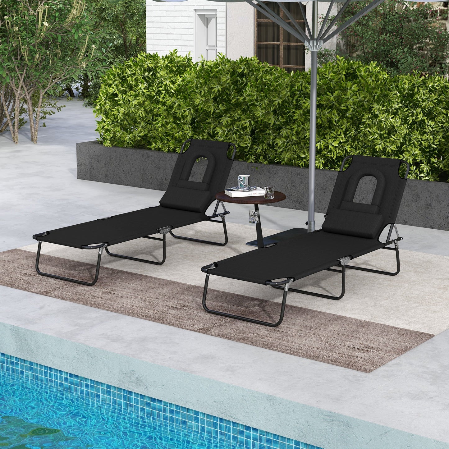 2PCS Adjustable Outdoor Lounge Chair, Garden Folding Chaise Lounge with Face Hole Reclining Tanning Chair Seat, Folding Camping Beach Lounging Bed w/ Head Support, Black