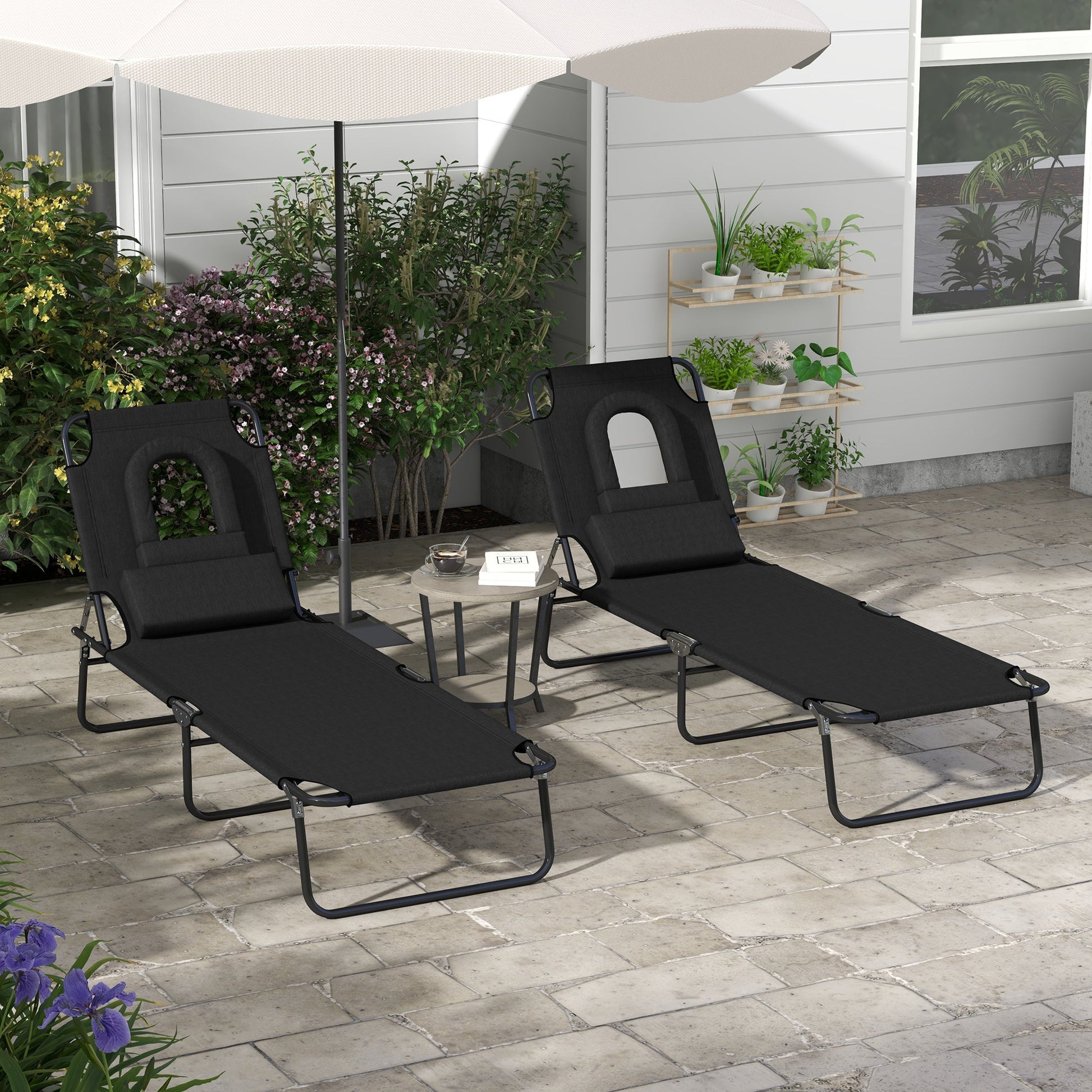 2PCS Adjustable Outdoor Lounge Chair, Garden Folding Chaise Lounge with Face Hole Reclining Tanning Chair Seat, Folding Camping Beach Lounging Bed w/ Head Support, Black