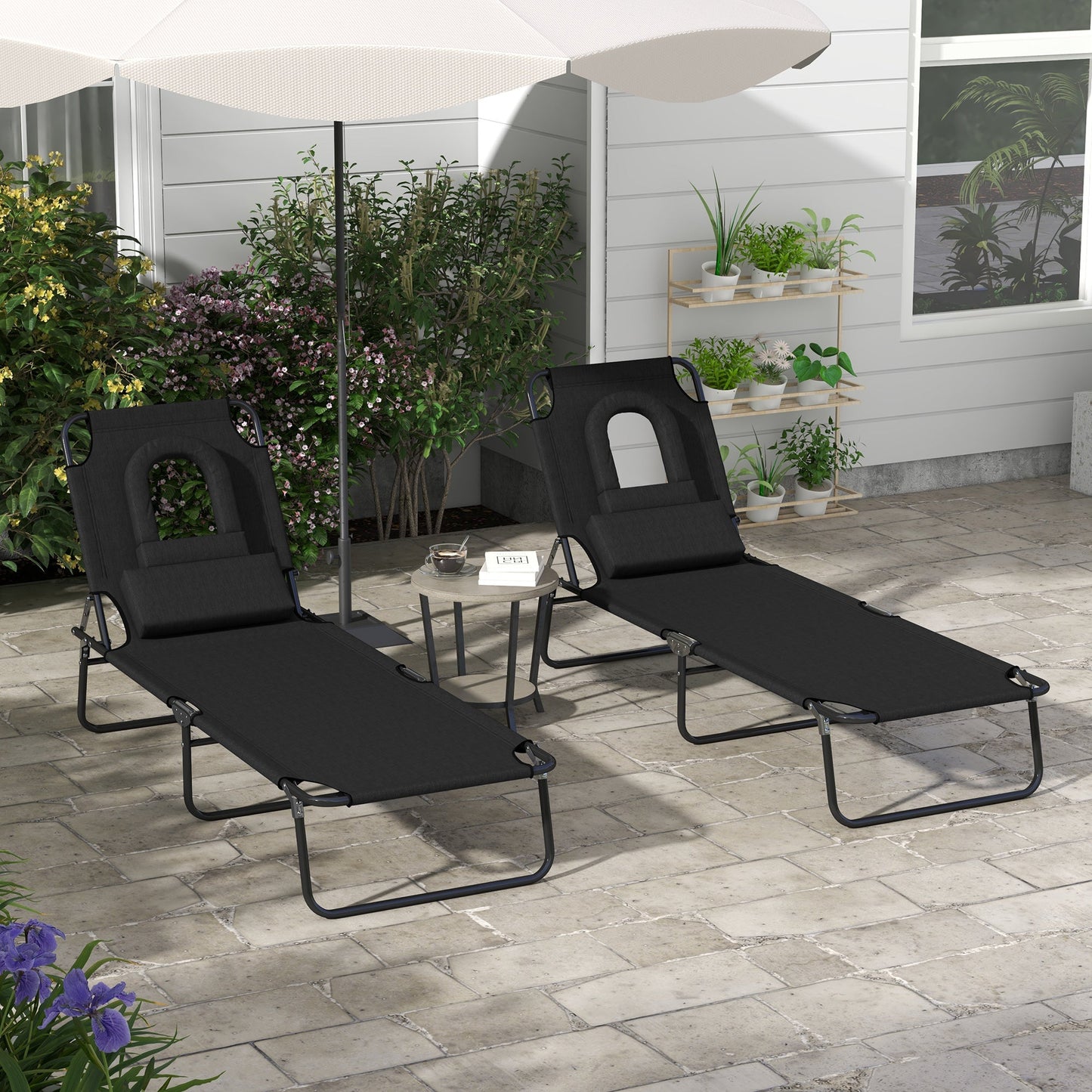 2PCS Adjustable Outdoor Lounge Chair, Garden Folding Chaise Lounge with Face Hole Reclining Tanning Chair Seat, Folding Camping Beach Lounging Bed w/ Head Support, Black