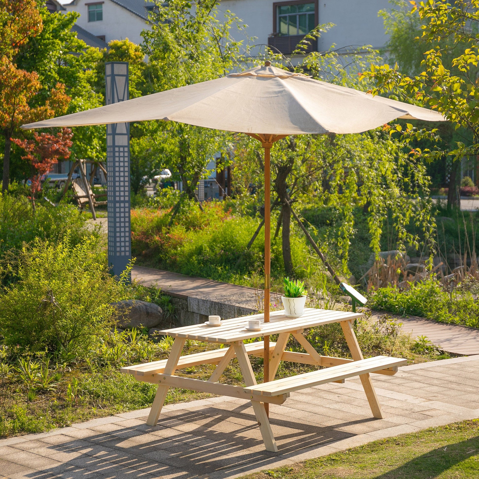 Picnic Table Set, Wood Camping Table and Bench Set with Umbrella Hole for Outdoor, Garden, Patio, Backyard, Natural