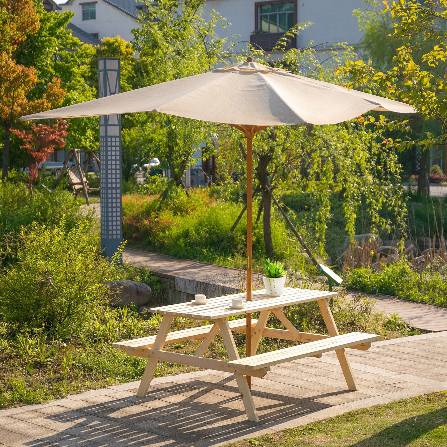 Picnic Table Set, Wood Camping Table and Bench Set with Umbrella Hole for Outdoor, Garden, Patio, Backyard, Natural