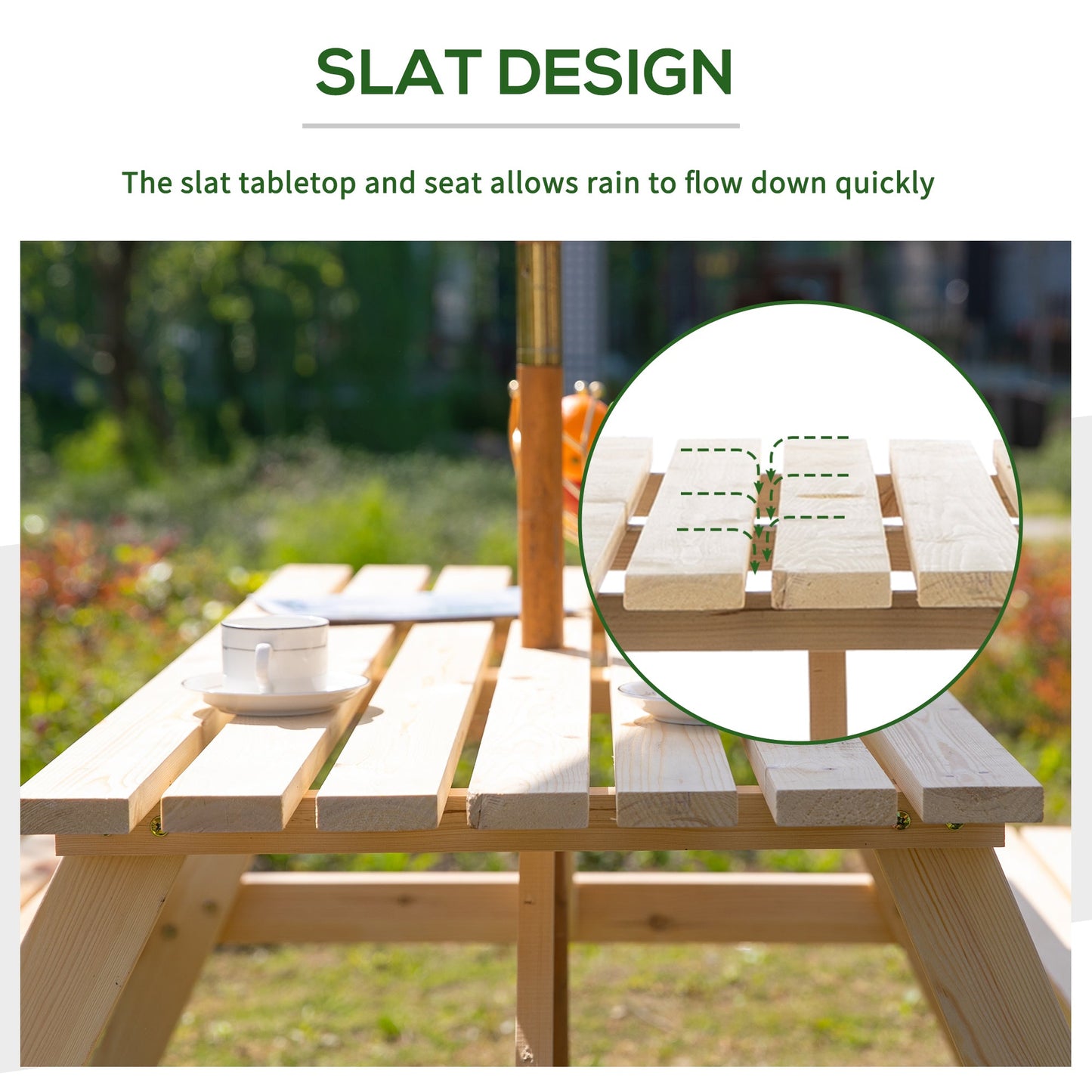 Picnic Table Set, Wood Camping Table and Bench Set with Umbrella Hole for Outdoor, Garden, Patio, Backyard, Natural