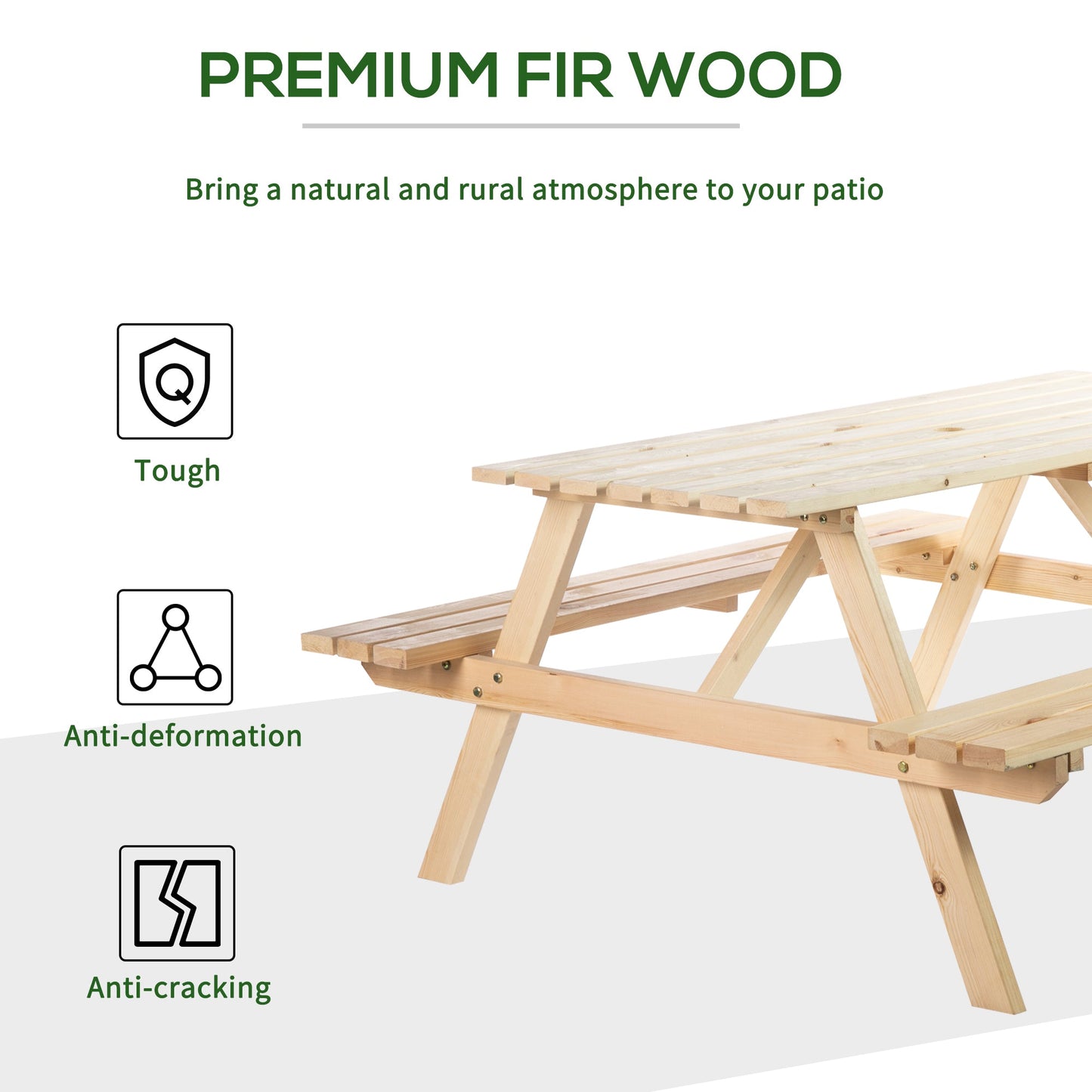 Picnic Table Set, Wood Camping Table and Bench Set with Umbrella Hole for Outdoor, Garden, Patio, Backyard, Natural
