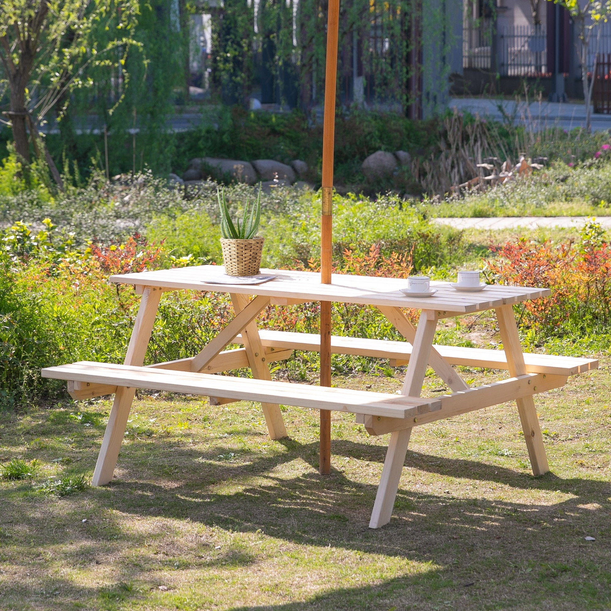 Picnic Table Set, Wood Camping Table and Bench Set with Umbrella Hole for Outdoor, Garden, Patio, Backyard, Natural