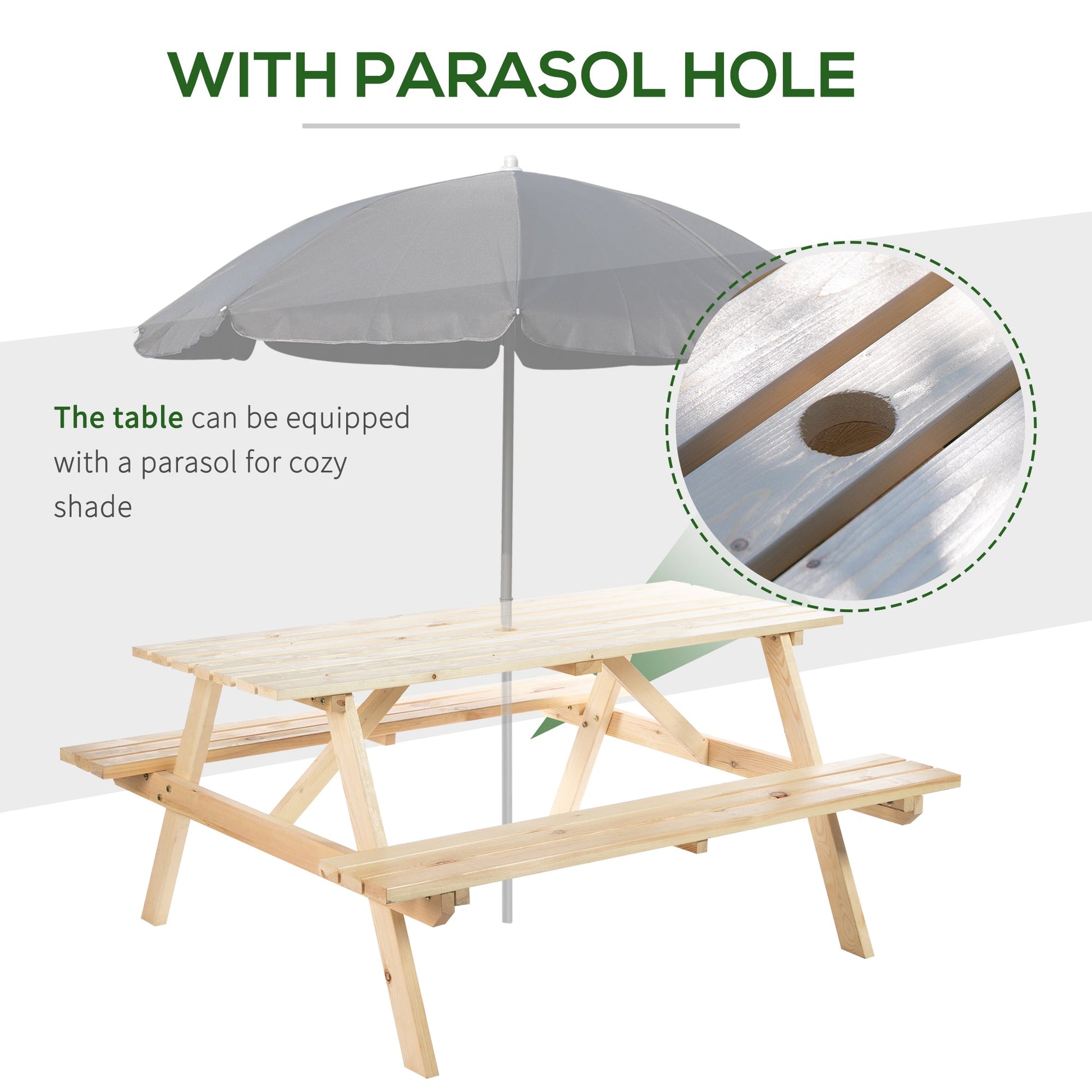 Picnic Table Set, Wood Camping Table and Bench Set with Umbrella Hole for Outdoor, Garden, Patio, Backyard, Natural