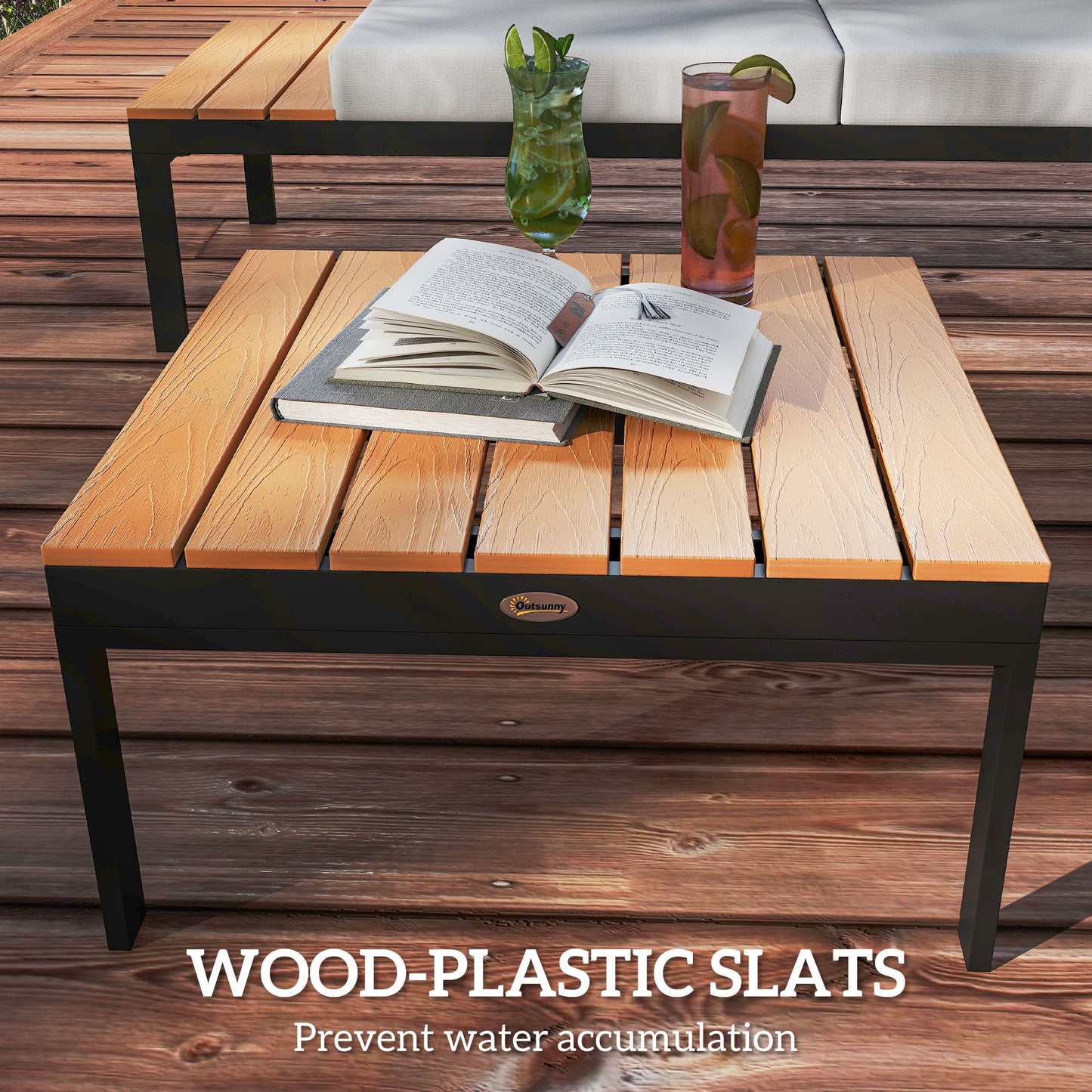 4 Piece L Shaped Garden Furniture Set, 4 Seater Outdoor Corner Garden Set, 2 Loveseats with Removable Backs, 2 Wood-Plastic Coffee Tables and Thick Cushions, Teak