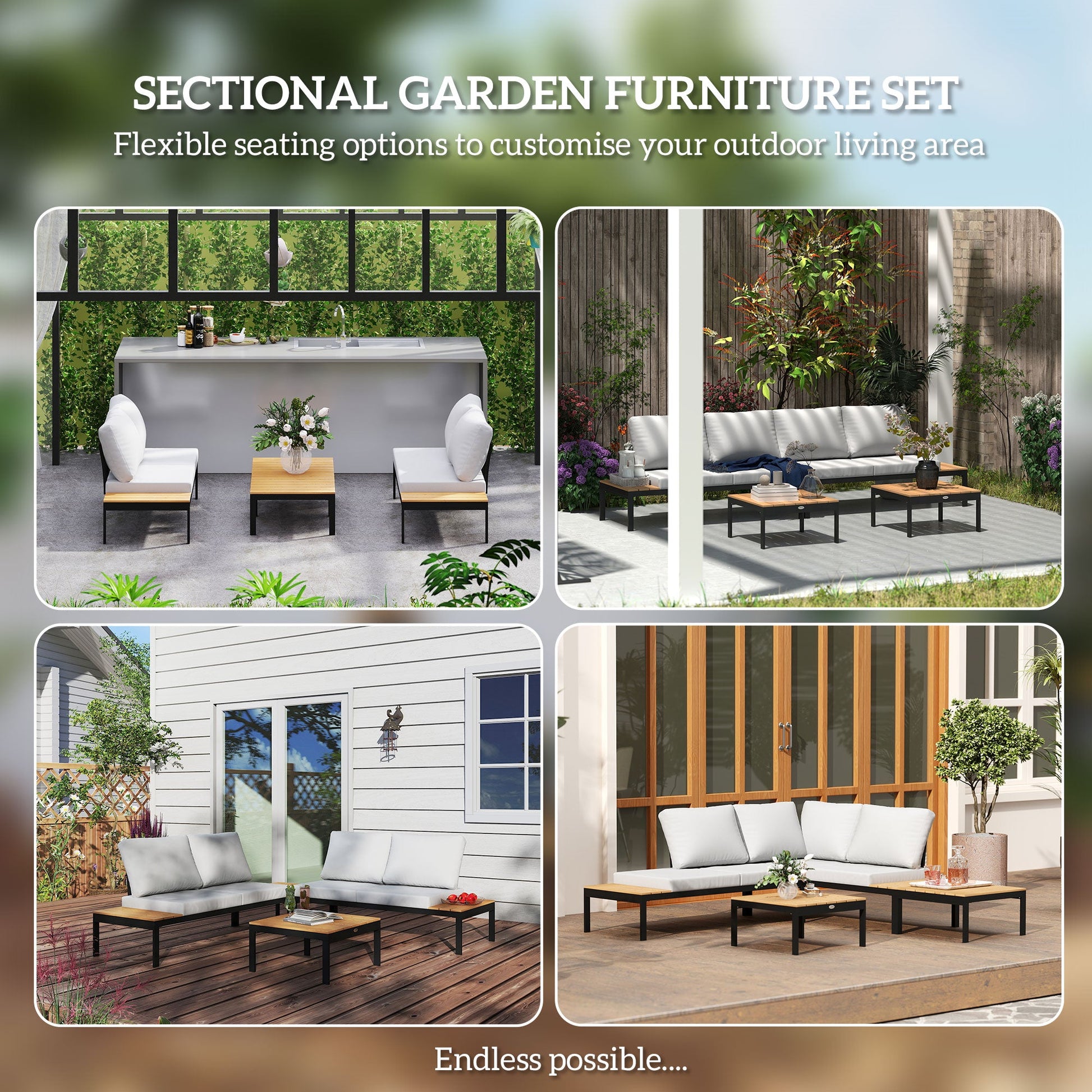 4 Piece L Shaped Garden Furniture Set, 4 Seater Outdoor Corner Garden Set, 2 Loveseats with Removable Backs, 2 Wood-Plastic Coffee Tables and Thick Cushions, Teak