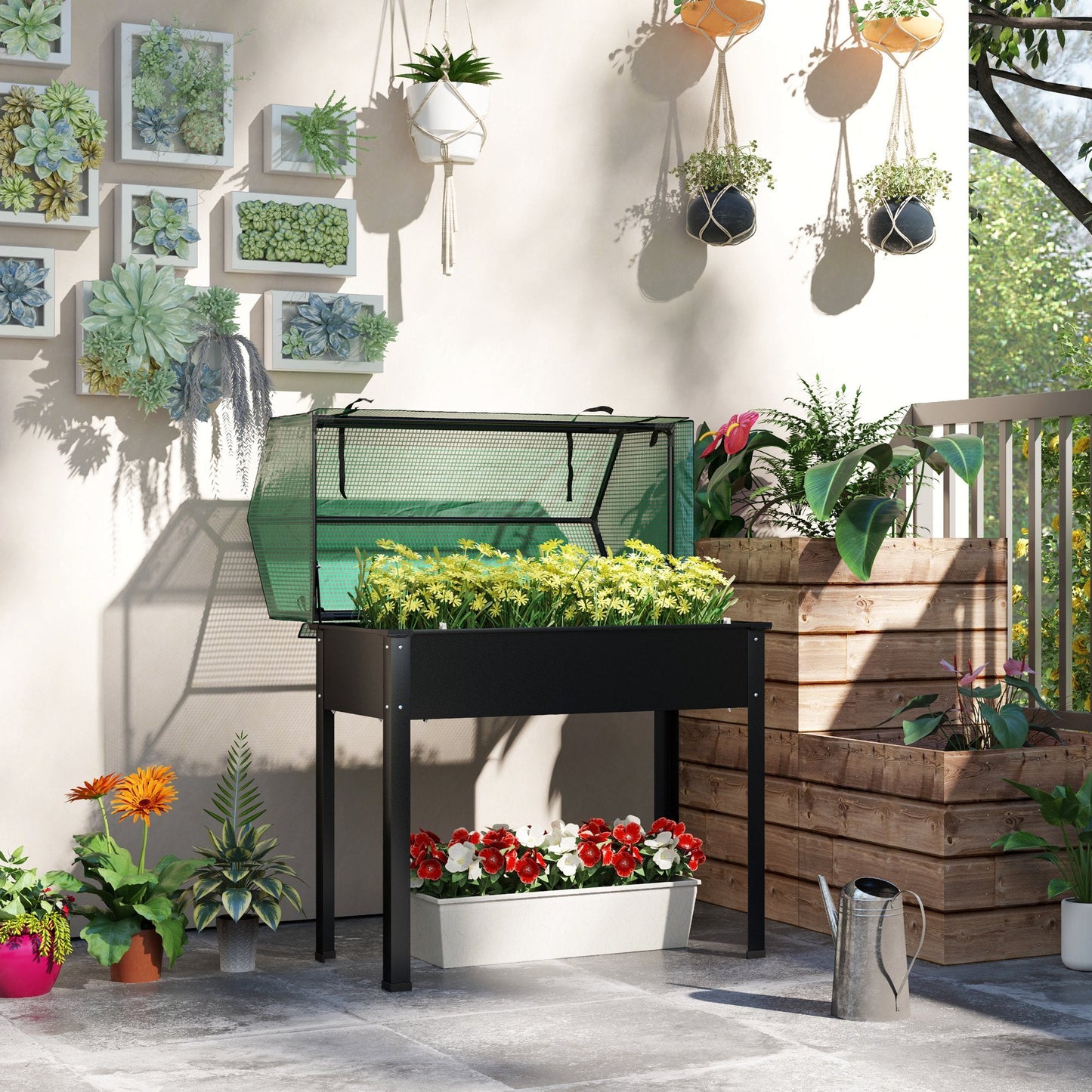 Raised Garden Bed Planter with Flip-Up PE Greenhouse Cover, Elevated Planter Box with Legs and Drainage Hole for Vegetables, Flowers, 39.4" x 18.9" x 49.6", Black