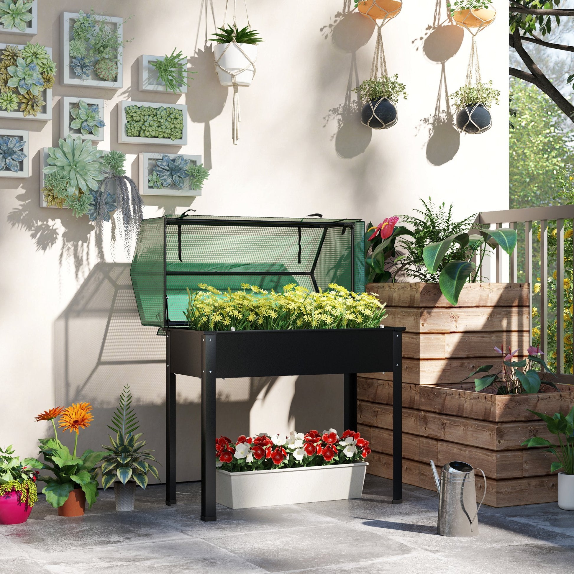 Raised Garden Bed Planter with Flip-Up PE Greenhouse Cover, Elevated Planter Box with Legs and Drainage Hole for Vegetables, Flowers, 39.4" x 18.9" x 49.6", Black