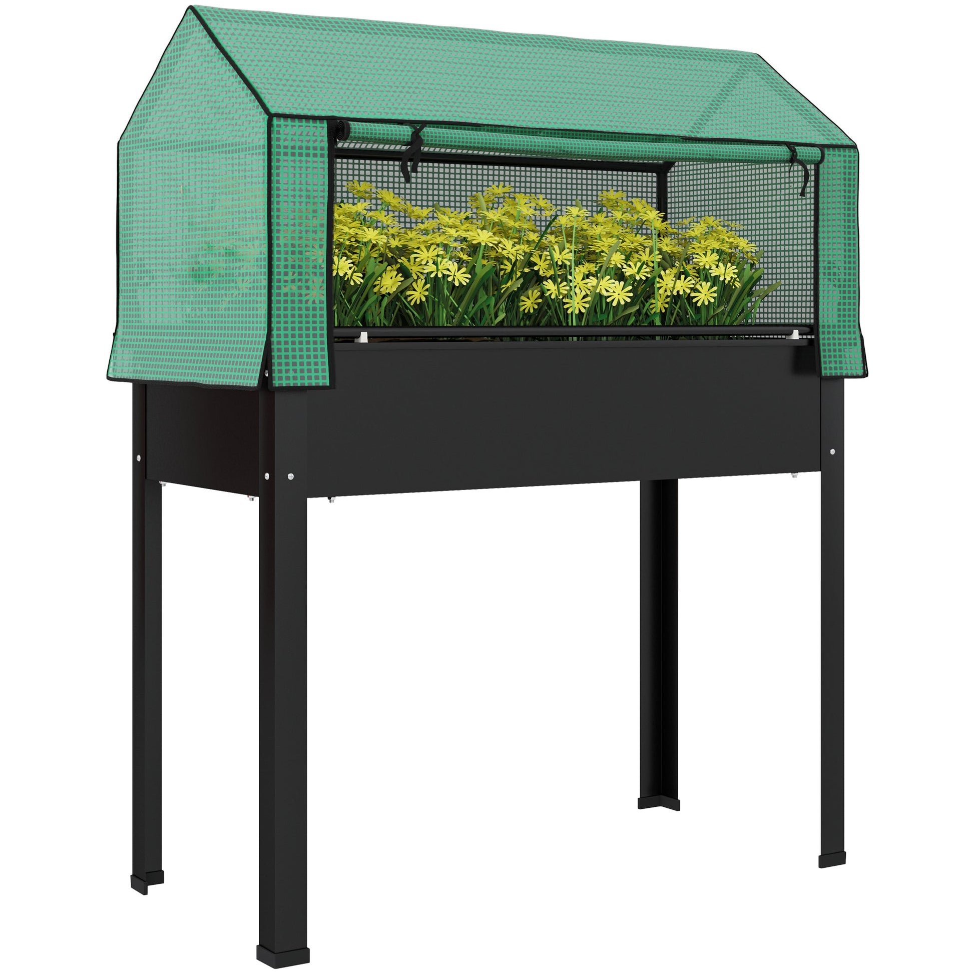 Raised Garden Bed Planter with Flip-Up PE Greenhouse Cover, Elevated Planter Box with Legs and Drainage Hole for Vegetables, Flowers, 39.4" x 18.9" x 49.6", Black