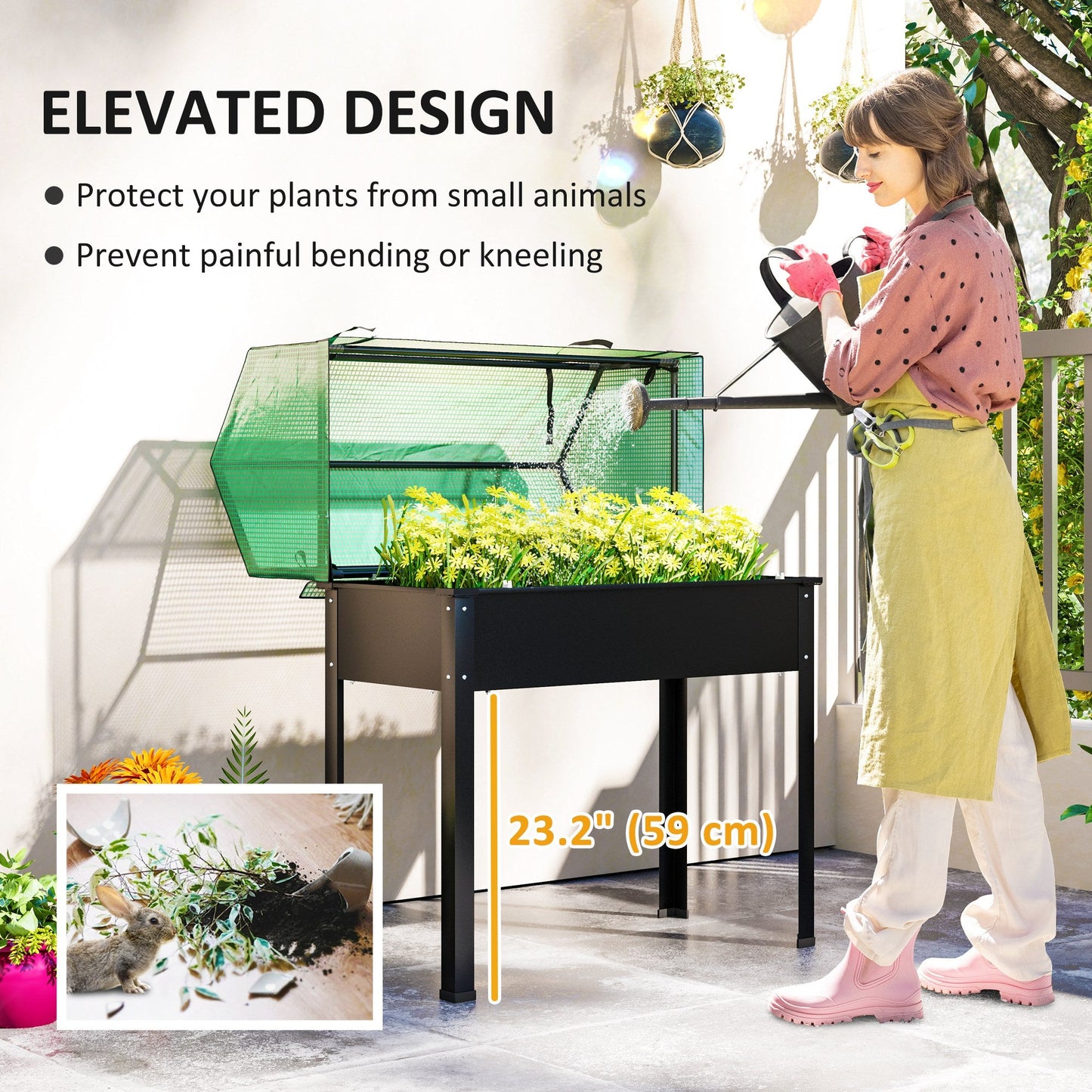 Raised Garden Bed Planter with Flip-Up PE Greenhouse Cover, Elevated Planter Box with Legs and Drainage Hole for Vegetables, Flowers, 39.4" x 18.9" x 49.6", Black