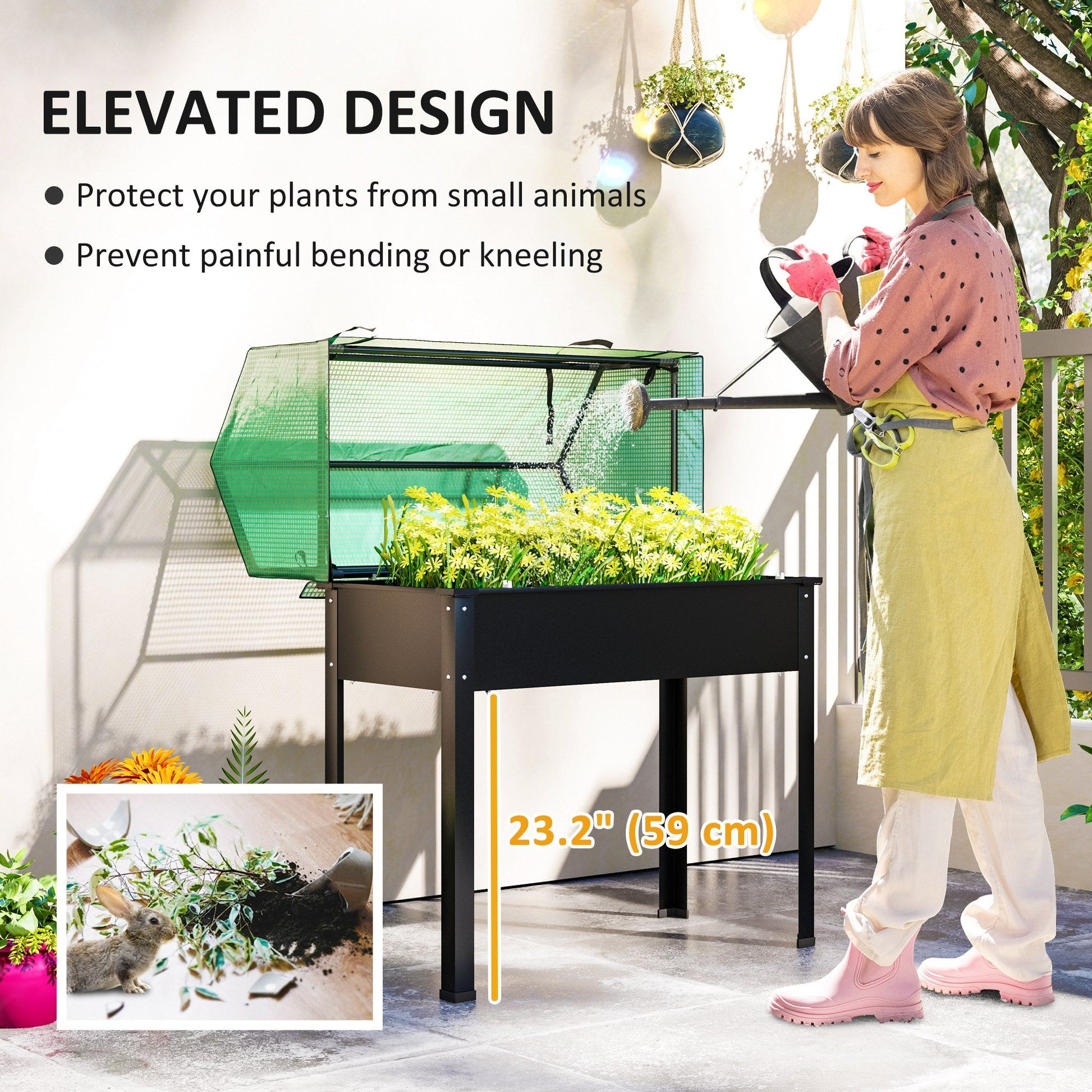 Raised Garden Bed Planter with Flip-Up PE Greenhouse Cover, Elevated Planter Box with Legs and Drainage Hole for Vegetables, Flowers, 39.4" x 18.9" x 49.6", Black