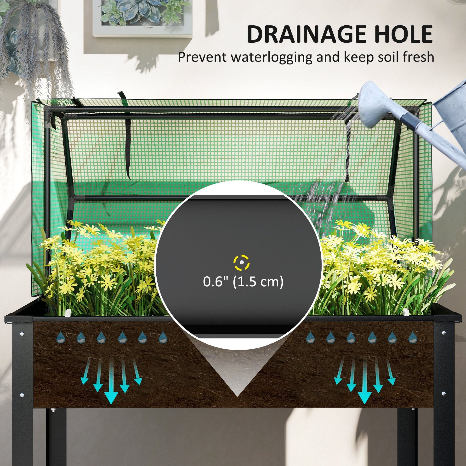 Raised Garden Bed Planter with Flip-Up PE Greenhouse Cover, Elevated Planter Box with Legs and Drainage Hole for Vegetables, Flowers, 39.4" x 18.9" x 49.6", Black