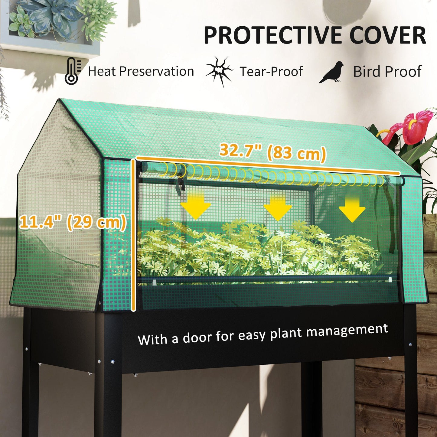 Raised Garden Bed Planter with Flip-Up PE Greenhouse Cover, Elevated Planter Box with Legs and Drainage Hole for Vegetables, Flowers, 39.4" x 18.9" x 49.6", Black