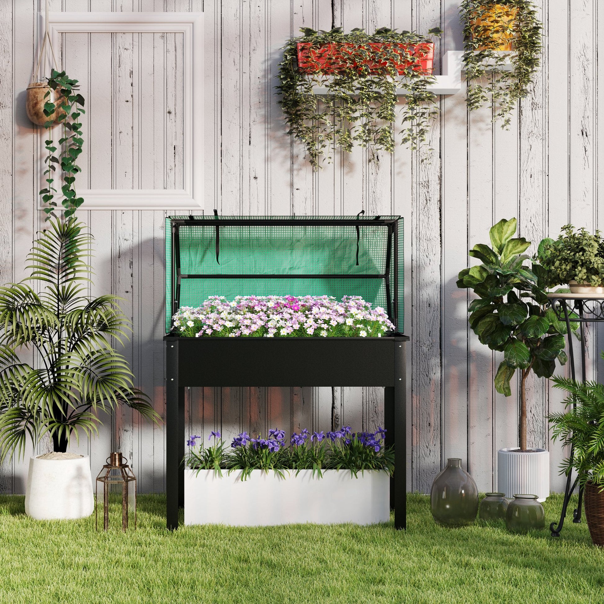 Raised Garden Bed Planter with Flip-Up PE Greenhouse Cover, Elevated Planter Box with Legs and Drainage Hole for Vegetables, Flowers, 39.4" x 18.9" x 49.6", Black