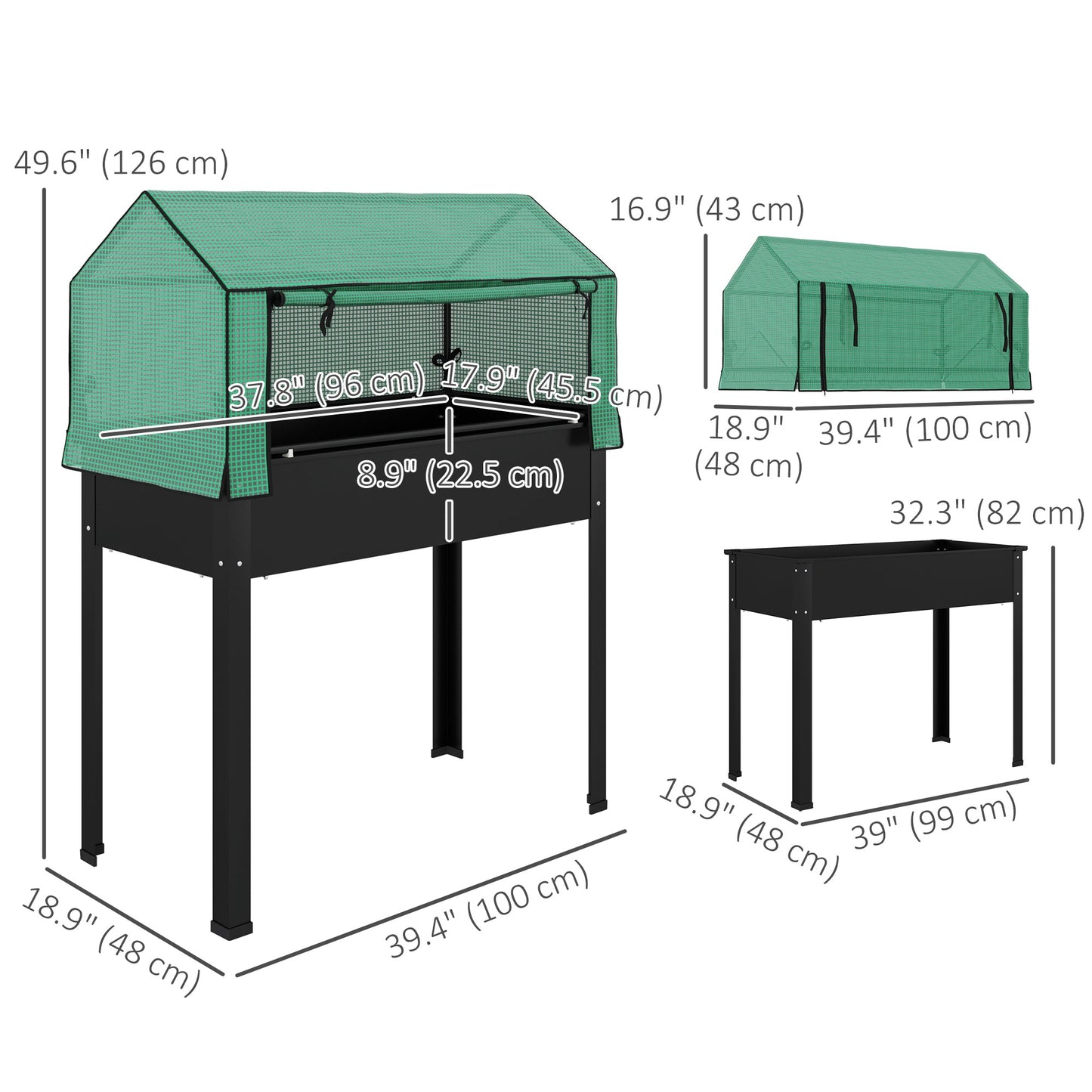 Raised Garden Bed Planter with Flip-Up PE Greenhouse Cover, Elevated Planter Box with Legs and Drainage Hole for Vegetables, Flowers, 39.4" x 18.9" x 49.6", Black