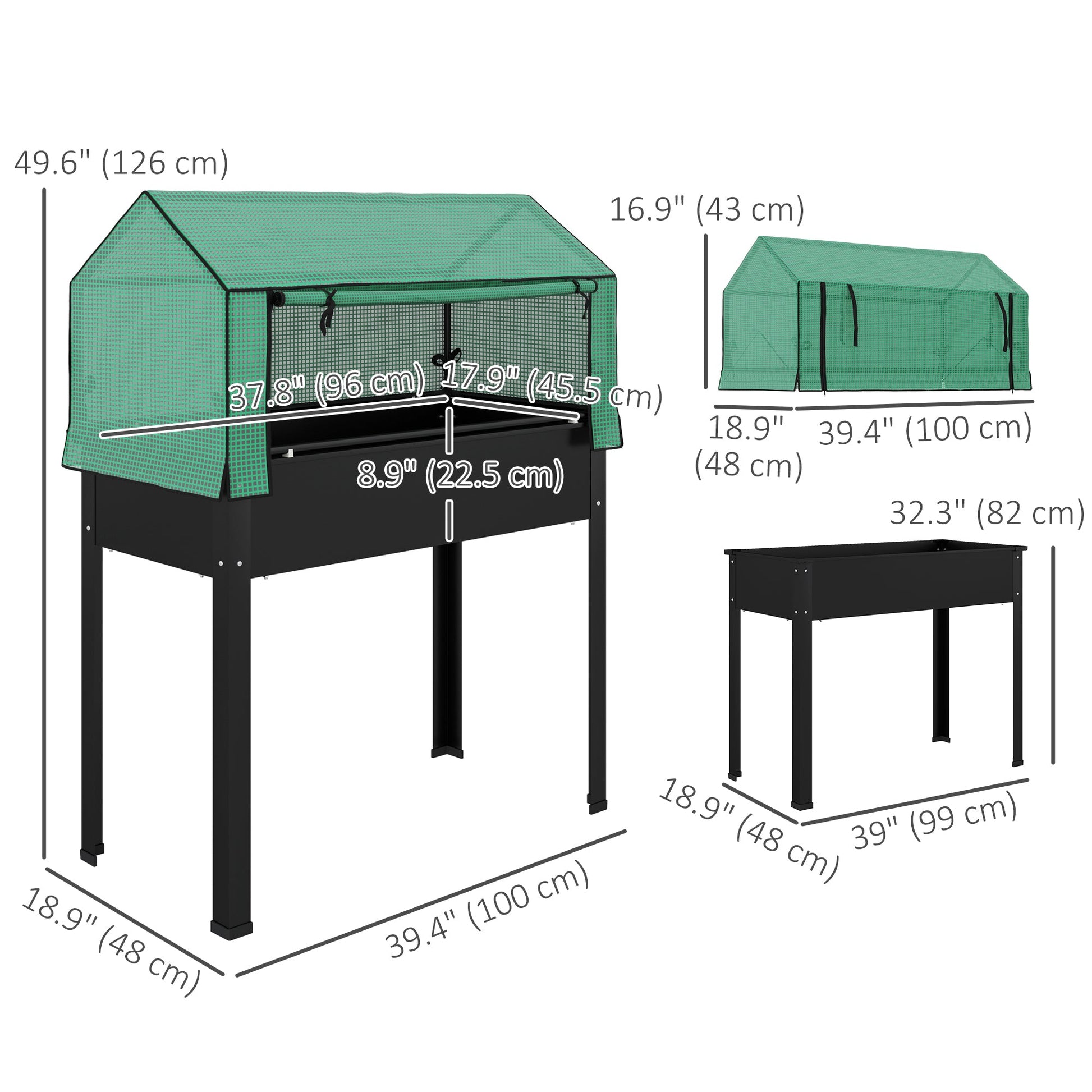 Raised Garden Bed Planter with Flip-Up PE Greenhouse Cover, Elevated Planter Box with Legs and Drainage Hole for Vegetables, Flowers, 39.4" x 18.9" x 49.6", Black