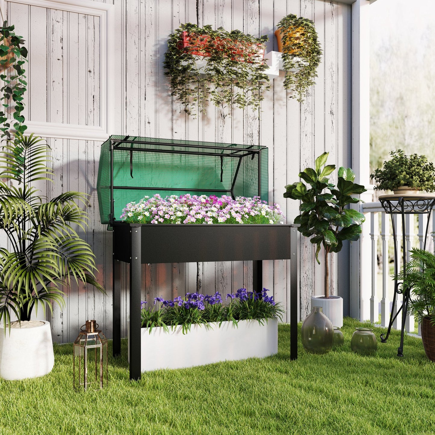 Raised Garden Bed Planter with Flip-Up PE Greenhouse Cover, Elevated Planter Box with Legs and Drainage Hole for Vegetables, Flowers, 39.4" x 18.9" x 49.6", Black