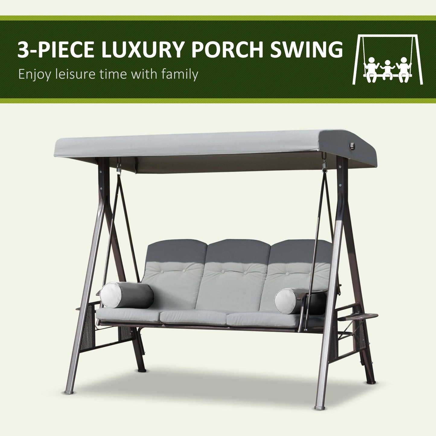 3 Seater Porch Swing Heavy Duty Outdoor Swing Chair Outdoor Lounge Hammock Cushioned Seat w/ Tilt Canopy, Light Grey