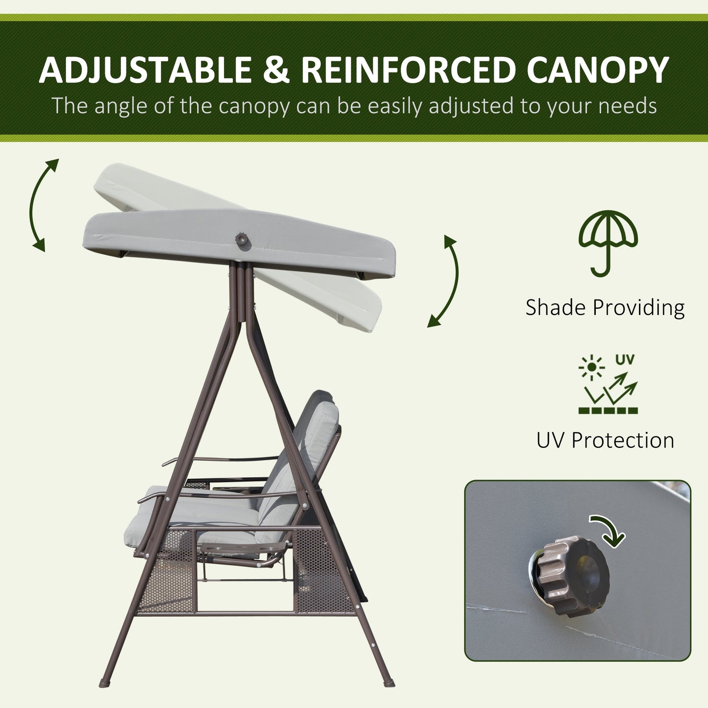 3 Seater Porch Swing Heavy Duty Outdoor Swing Chair Outdoor Lounge Hammock Cushioned Seat w/ Tilt Canopy, Light Grey